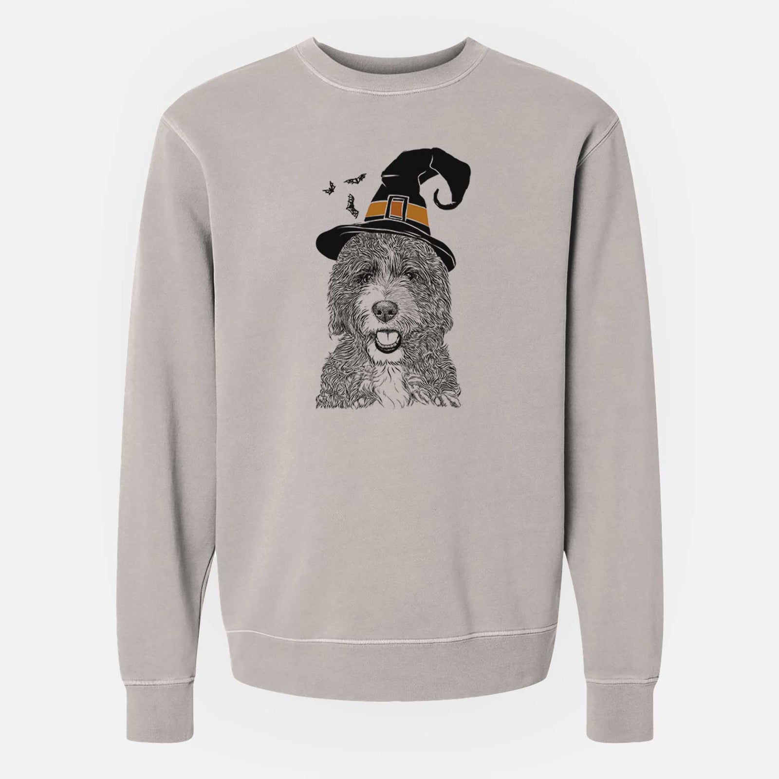 Hand-drawn sketch of Bash the Bernedoodle wearing a witch hat on a Cement Unisex pigment dyed crew sweatshirt