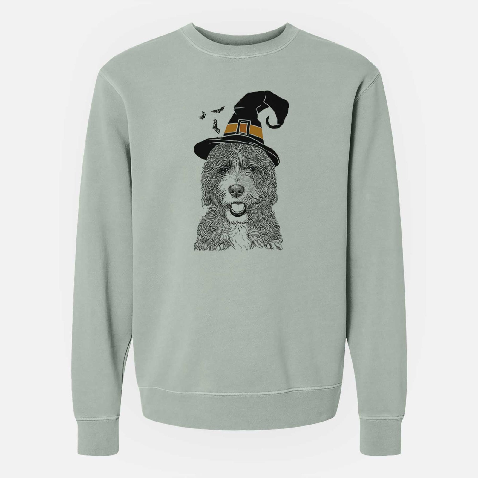 Hand-drawn sketch of Bash the Bernedoodle wearing a witch hat on a Sage Unisex pigment dyed crew sweatshirt