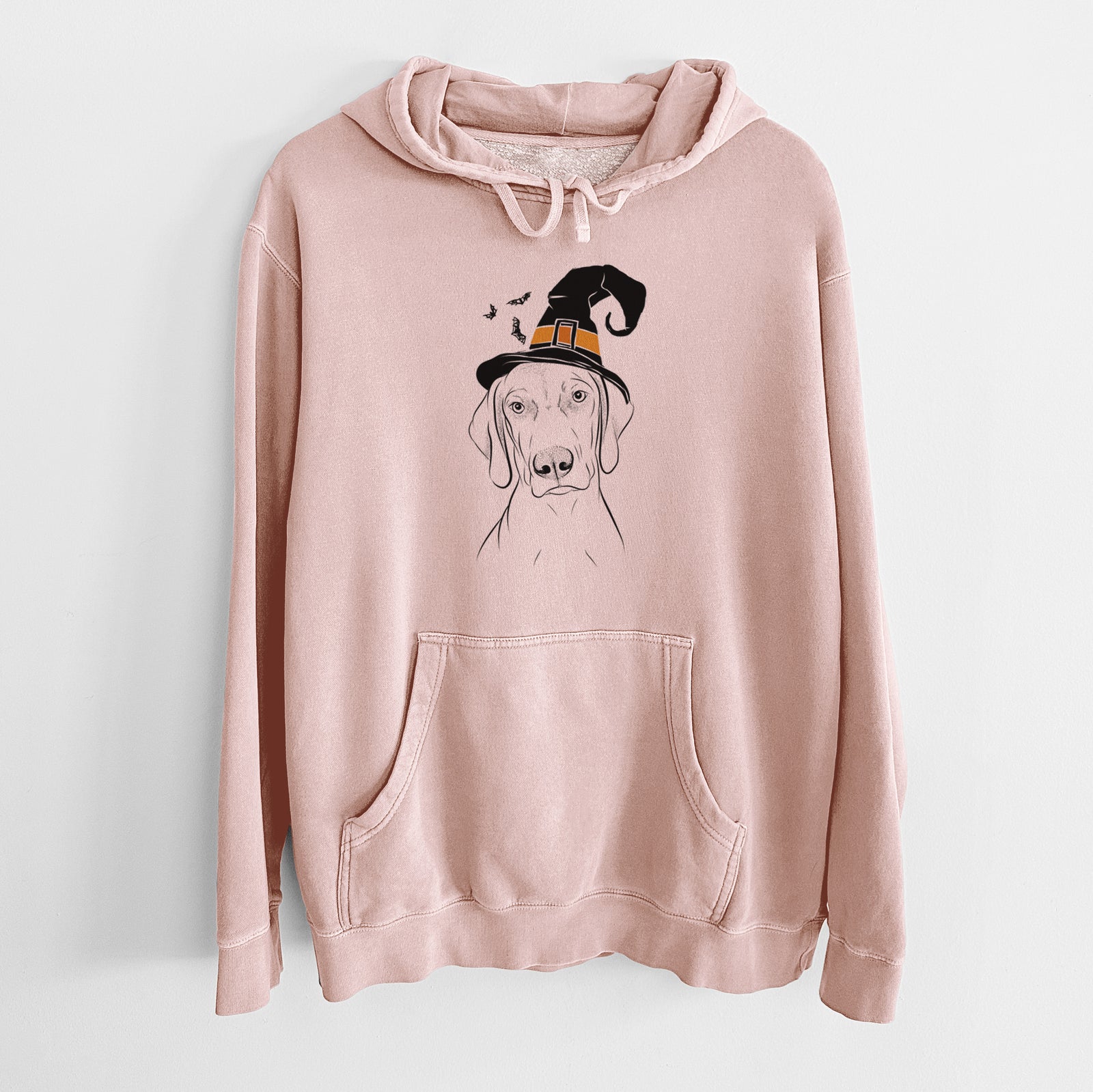 Hand-drawn sketch of Benelli the Vizsla wearing a witch hat on a Dusty Pink Unisex pigment dyed hoodie
