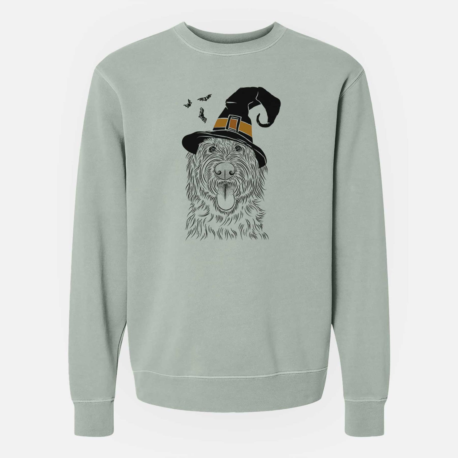 Hand-drawn sketch of Bennett the Doodle wearing a witch hat on a Sage Unisex pigment dyed crew sweatshirt