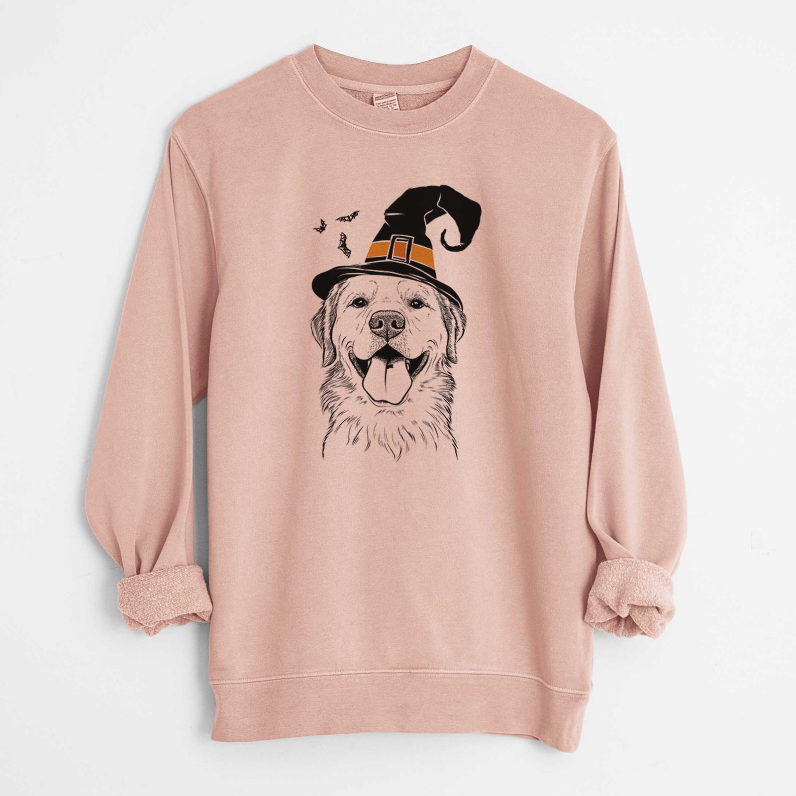 Hand-drawn sketch of Bennett the Golden Retriever wearing a witch hat on a Dusty Pink Unisex pigment dyed crew sweatshirt