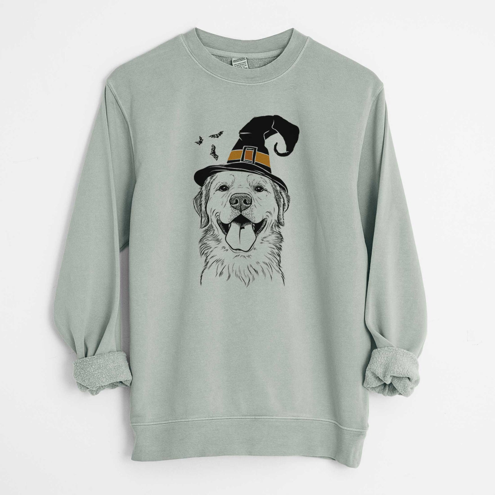 Hand-drawn sketch of Bennett the Golden Retriever wearing a witch hat on a Sage Unisex pigment dyed crew sweatshirt