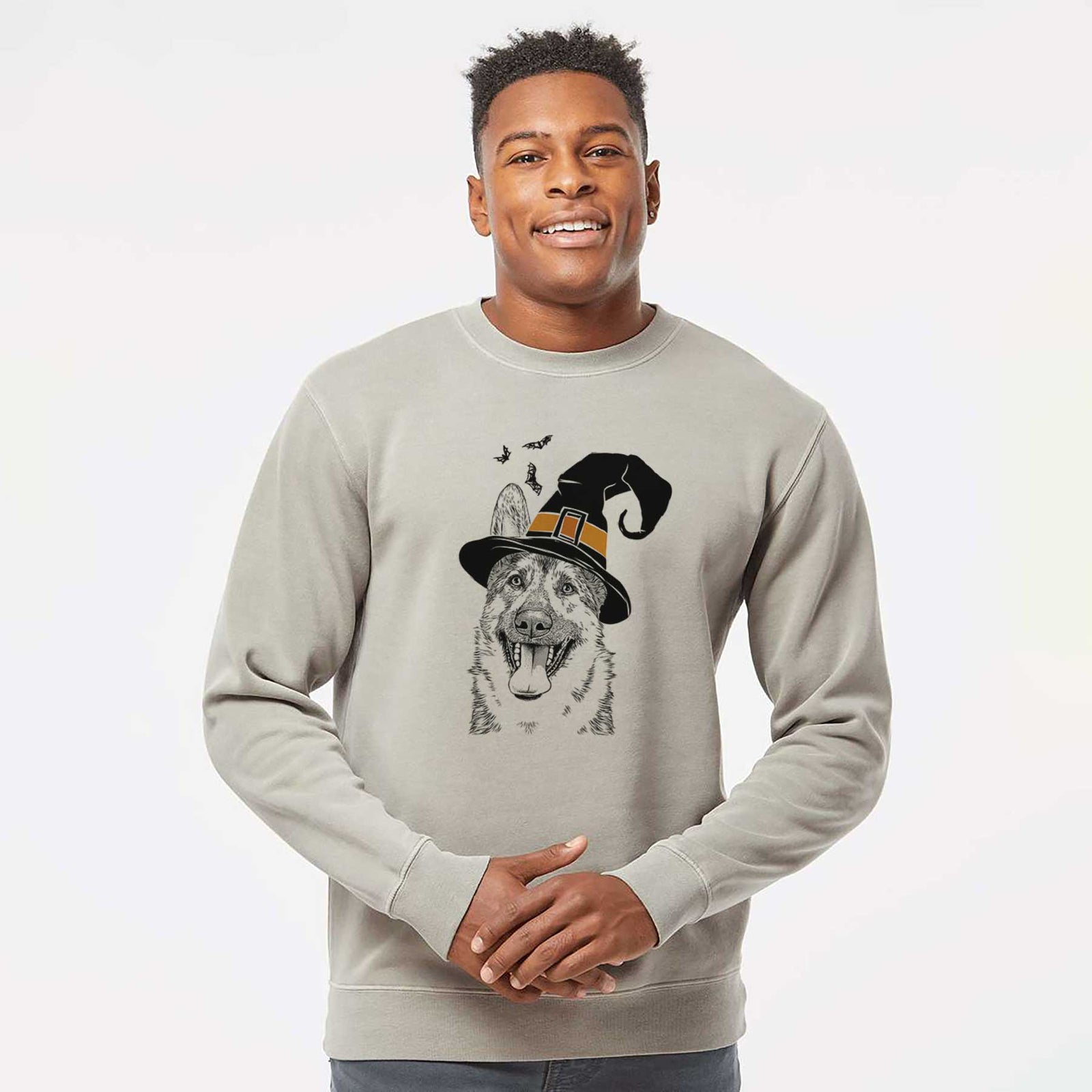 Hand-drawn sketch of Benson the German Shepherd wearing a witch hat on a Cement Unisex pigment dyed crew sweatshirt