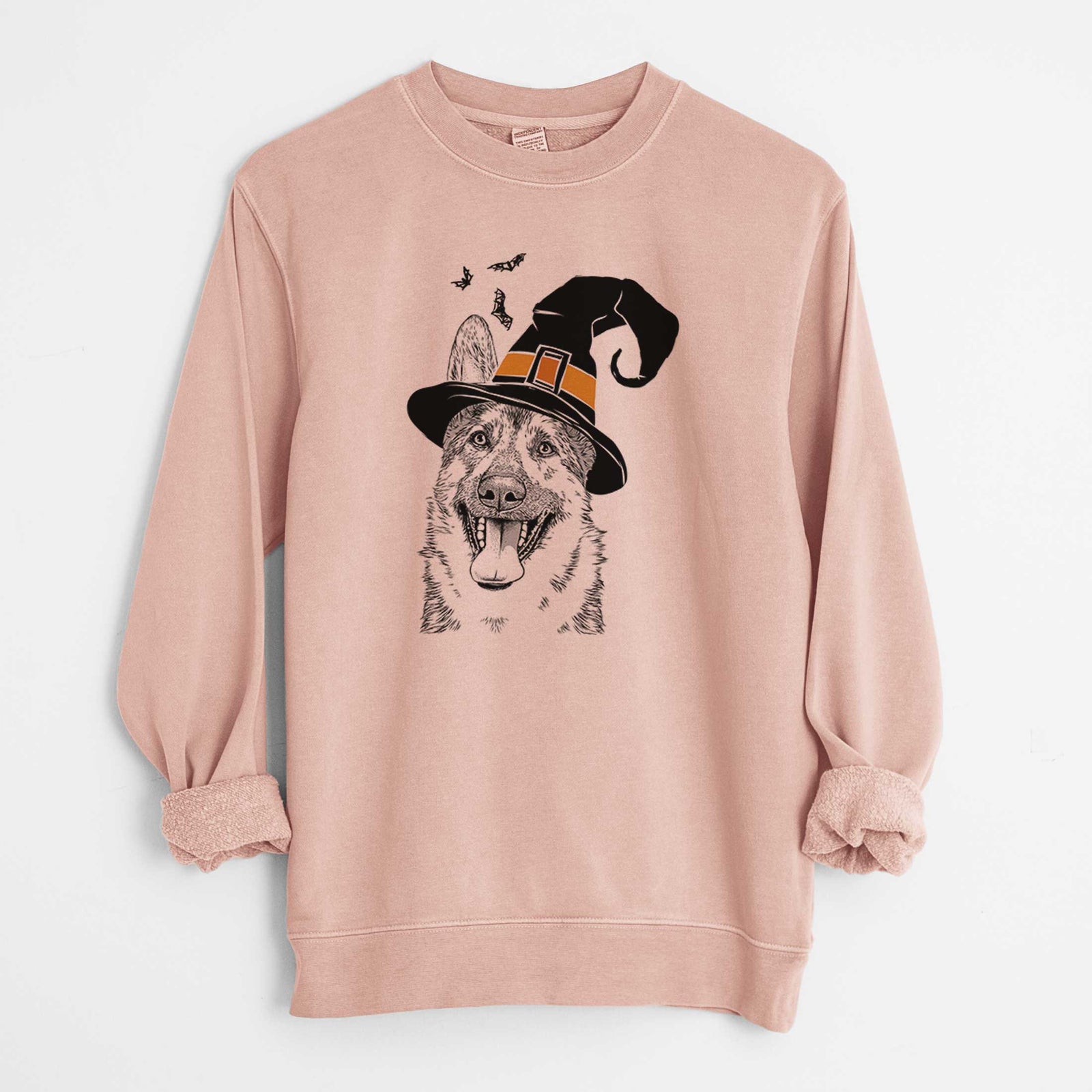 Hand-drawn sketch of Benson the German Shepherd wearing a witch hat on a Dusty Pink Unisex pigment dyed crew sweatshirt