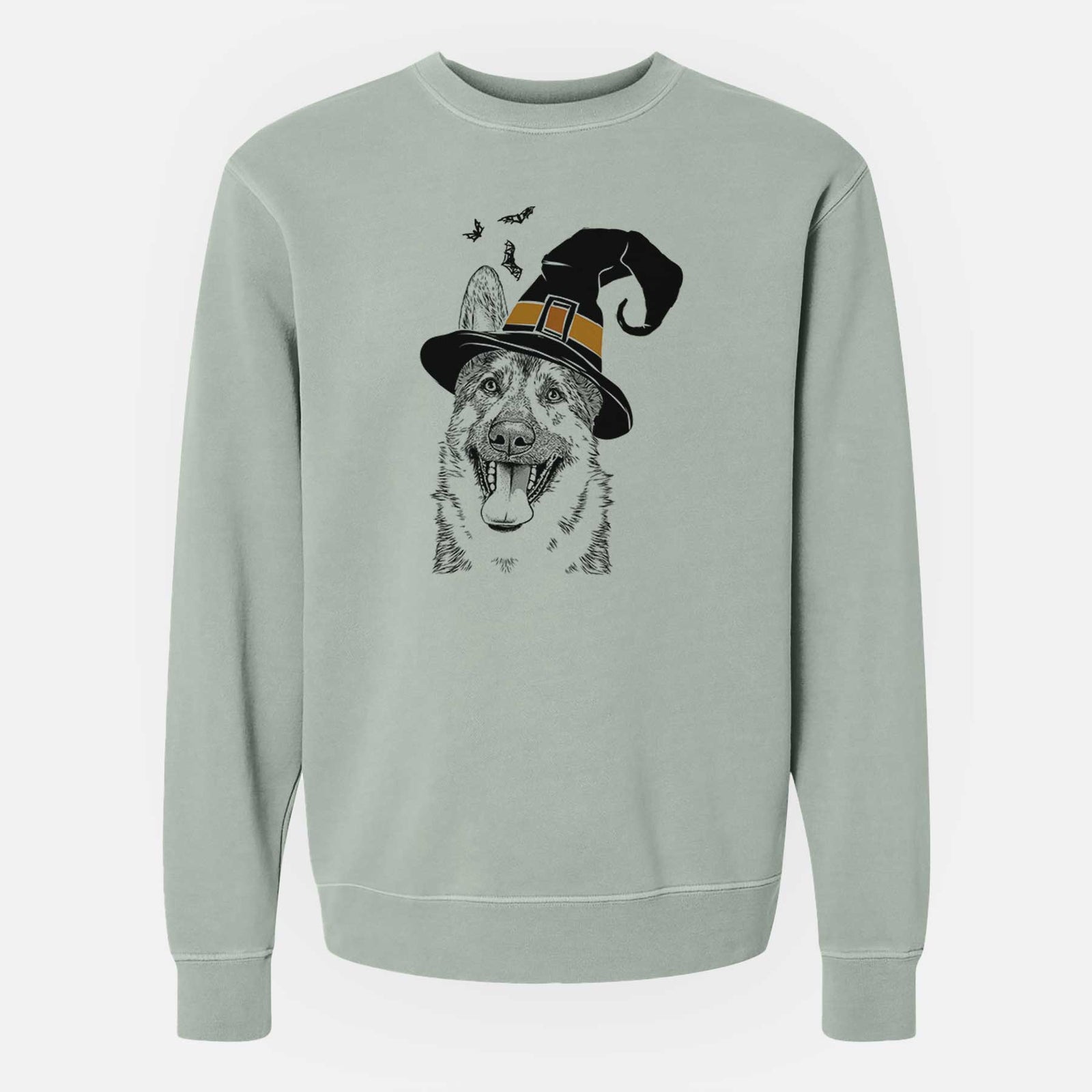 Hand-drawn sketch of Benson the German Shepherd wearing a witch hat on a Sage Unisex pigment dyed crew sweatshirt