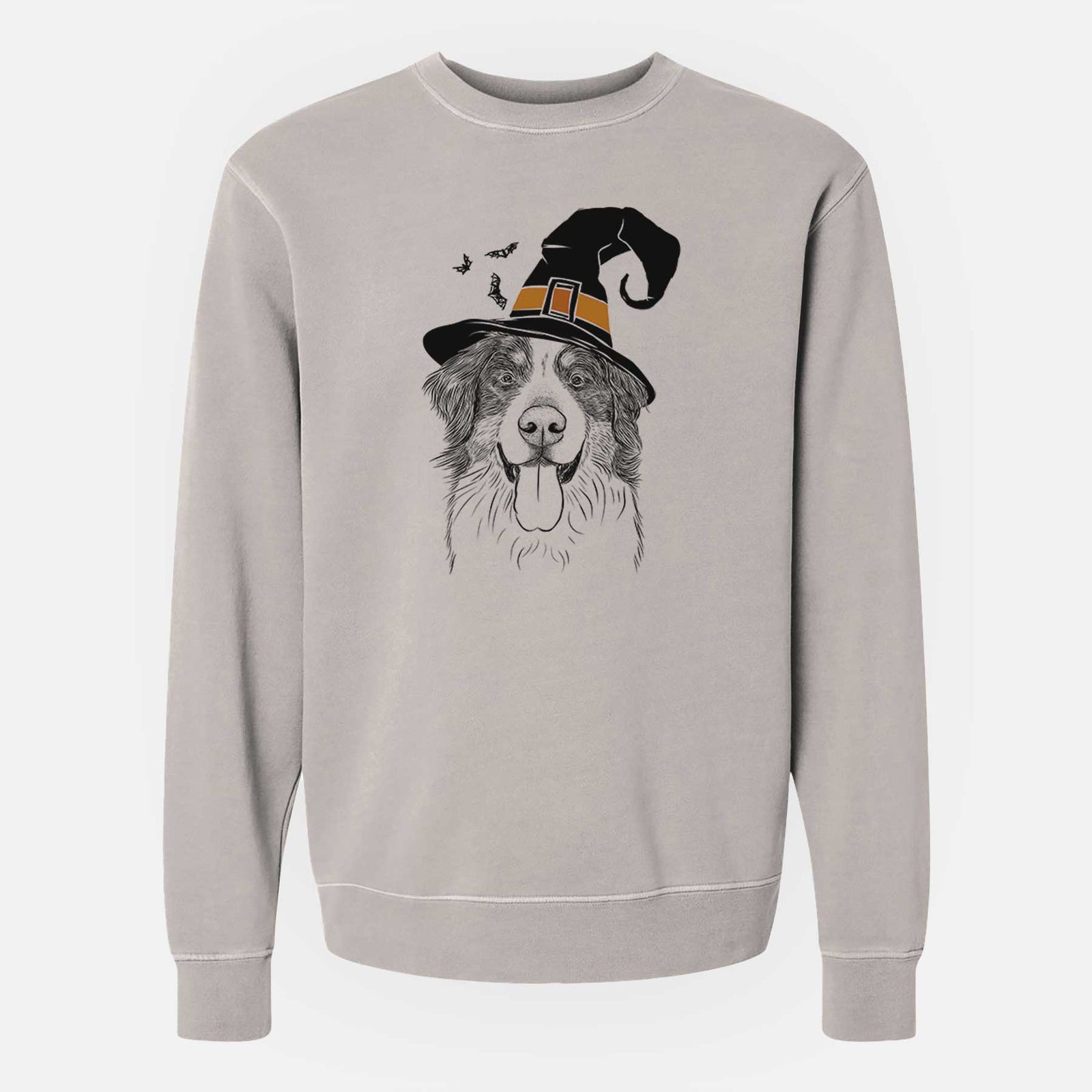 Hand-drawn sketch of Blaze the Bernese Mountain Dog wearing a witch hat on a Cement Unisex pigment dyed crew sweatshirt