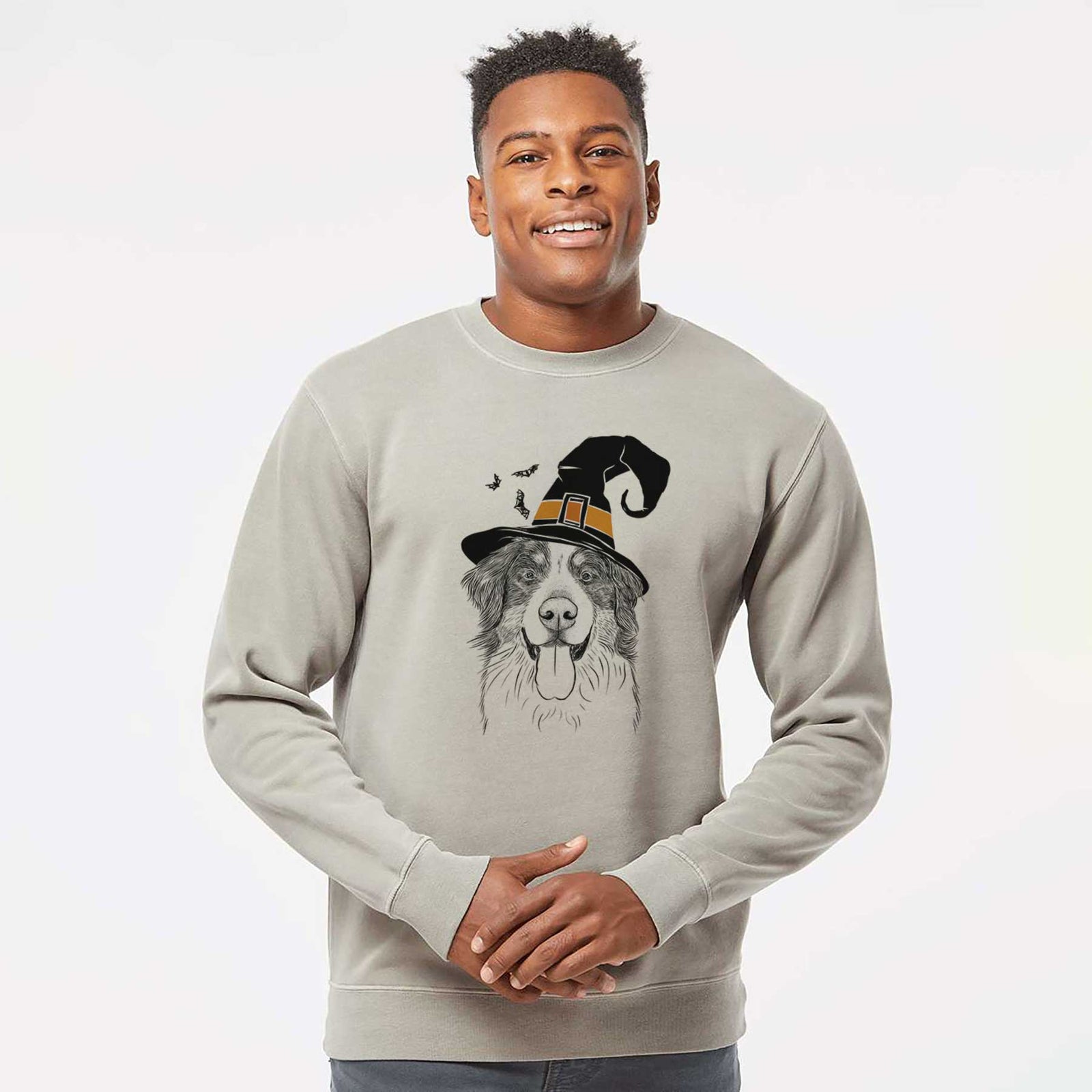 Hand-drawn sketch of Blaze the Bernese Mountain Dog wearing a witch hat on a Cement Unisex pigment dyed crew sweatshirt