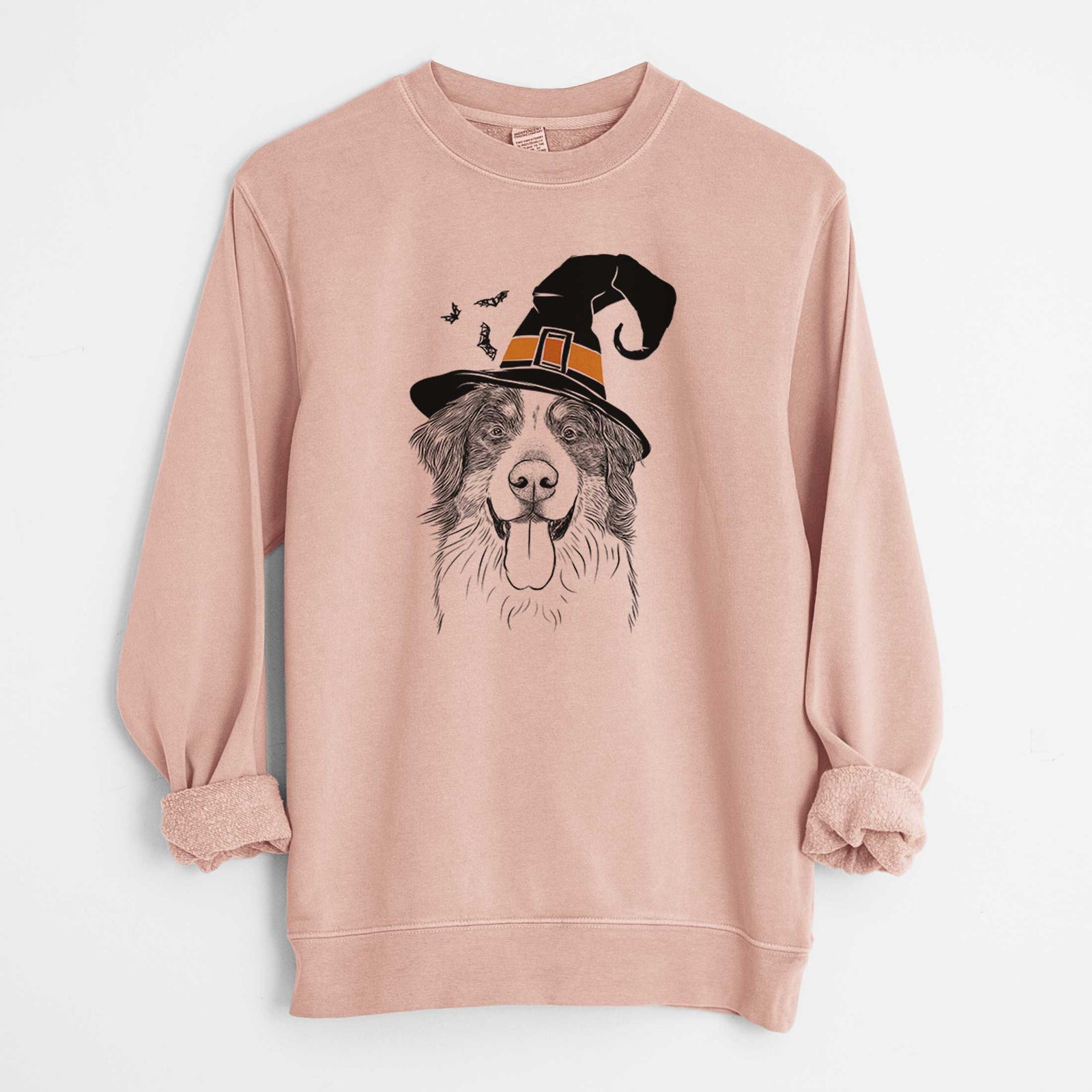 Hand-drawn sketch of Blaze the Bernese Mountain Dog wearing a witch hat on a Dusty Pink Unisex pigment dyed crew sweatshirt