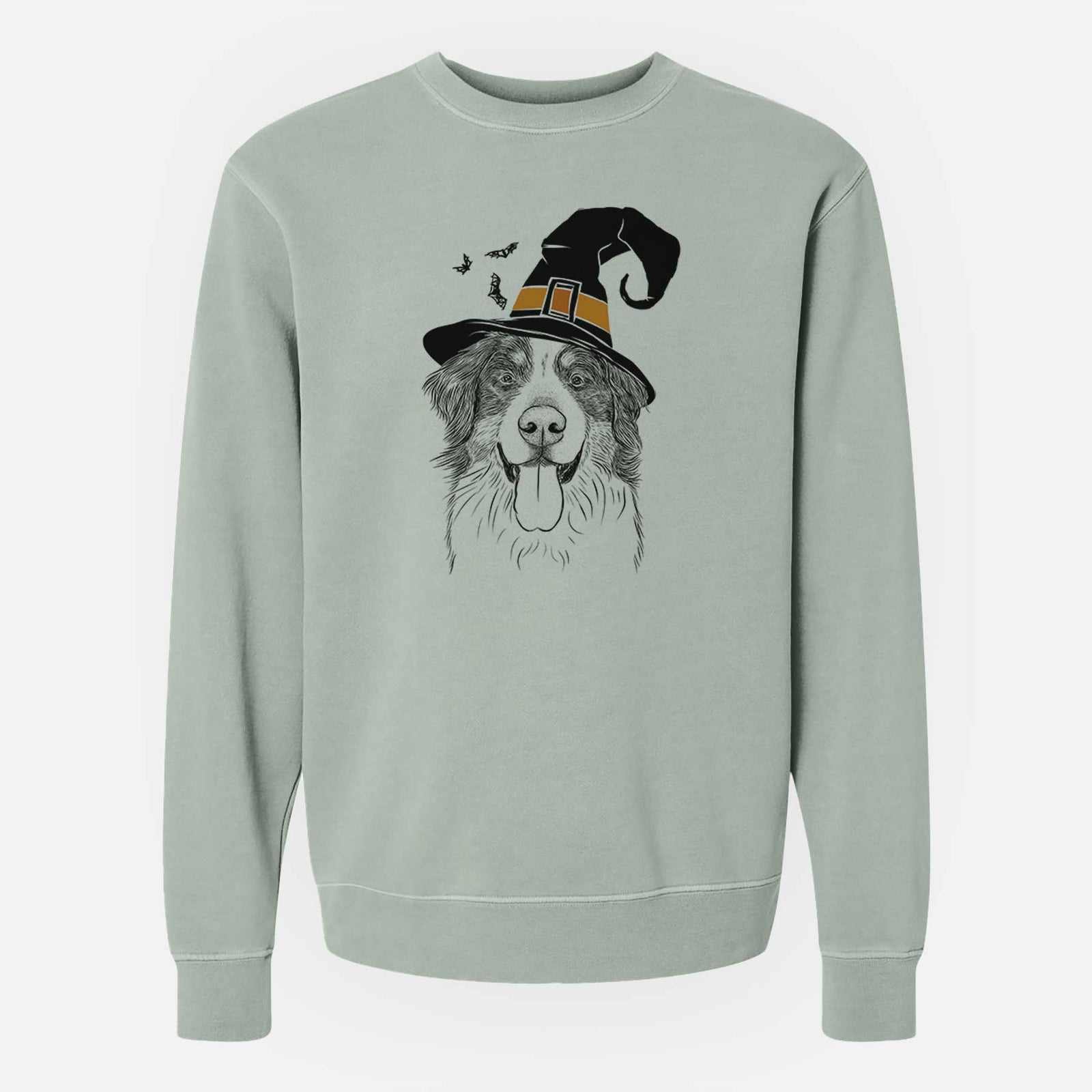 Hand-drawn sketch of Blaze the Bernese Mountain Dog wearing a witch hat on a Sage Unisex pigment dyed crew sweatshirt