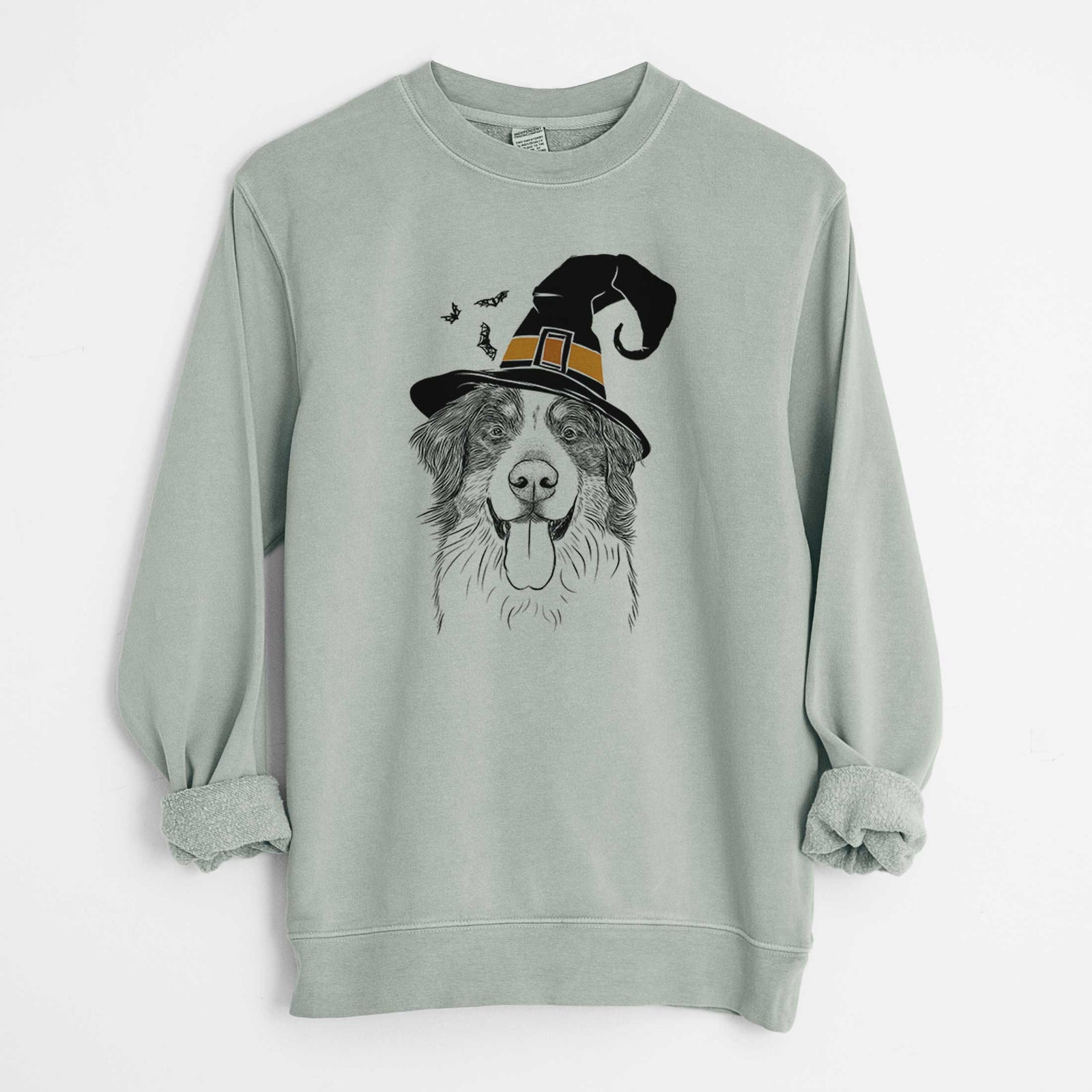 Hand-drawn sketch of Blaze the Bernese Mountain Dog wearing a witch hat on a Sage Unisex pigment dyed crew sweatshirt