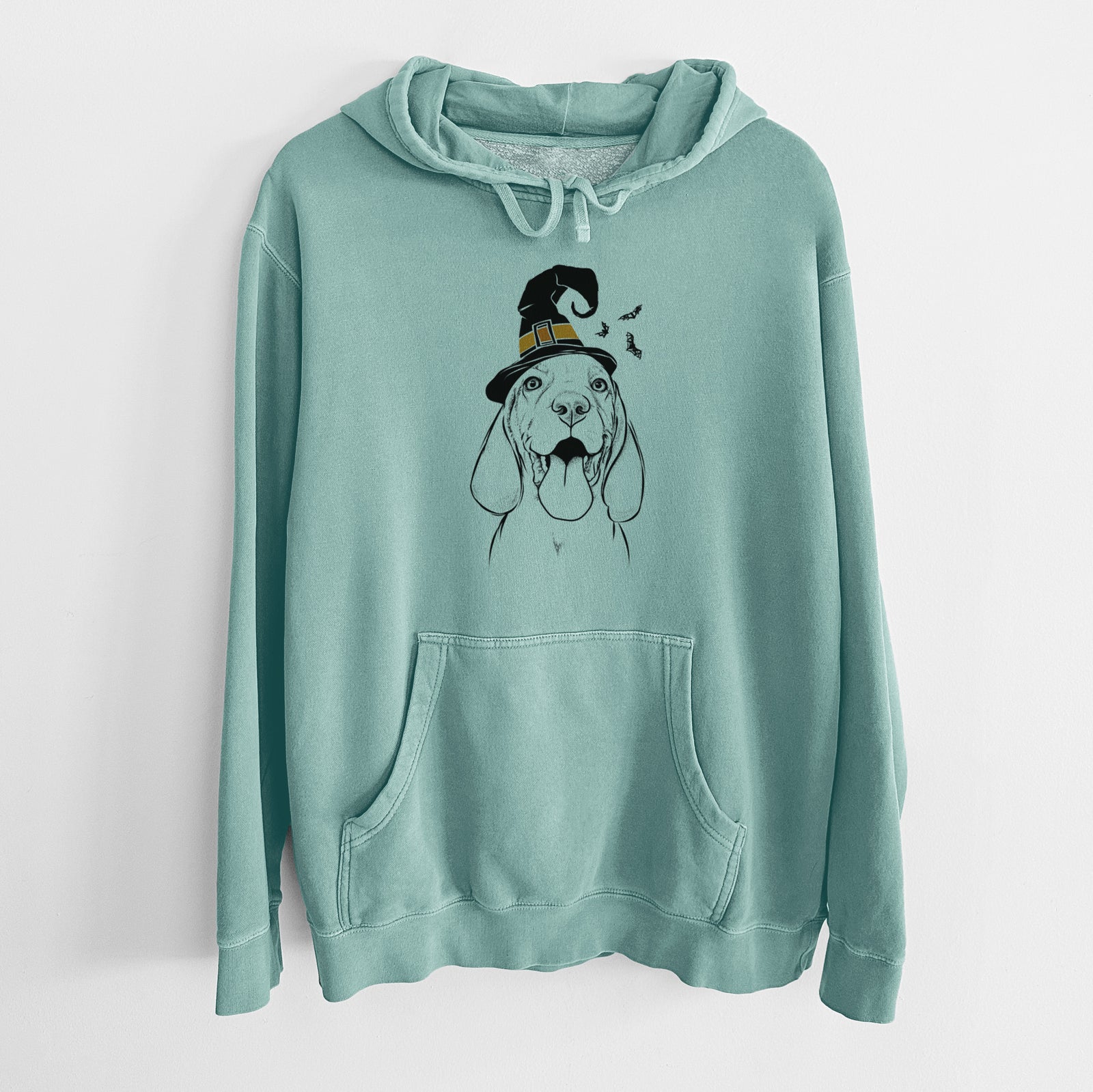 Hand-drawn sketch of Bodi the Vizsla wearing a witch hat on a Mint Unisex pigment dyed hoodie