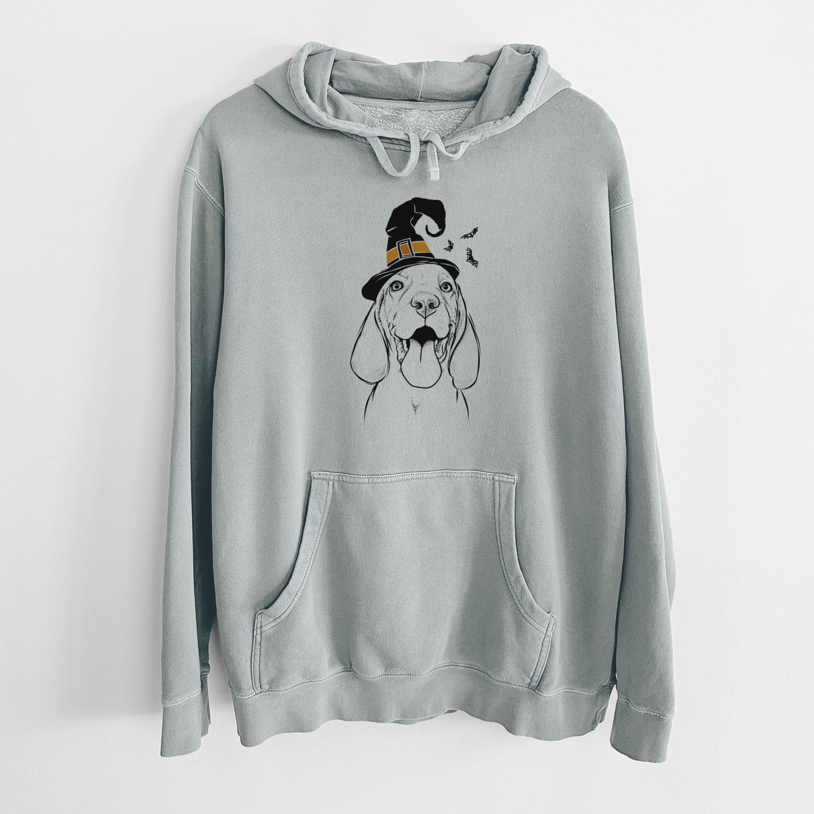 Hand-drawn sketch of Bodi the Vizsla wearing a witch hat on a Sage Unisex pigment dyed hoodie