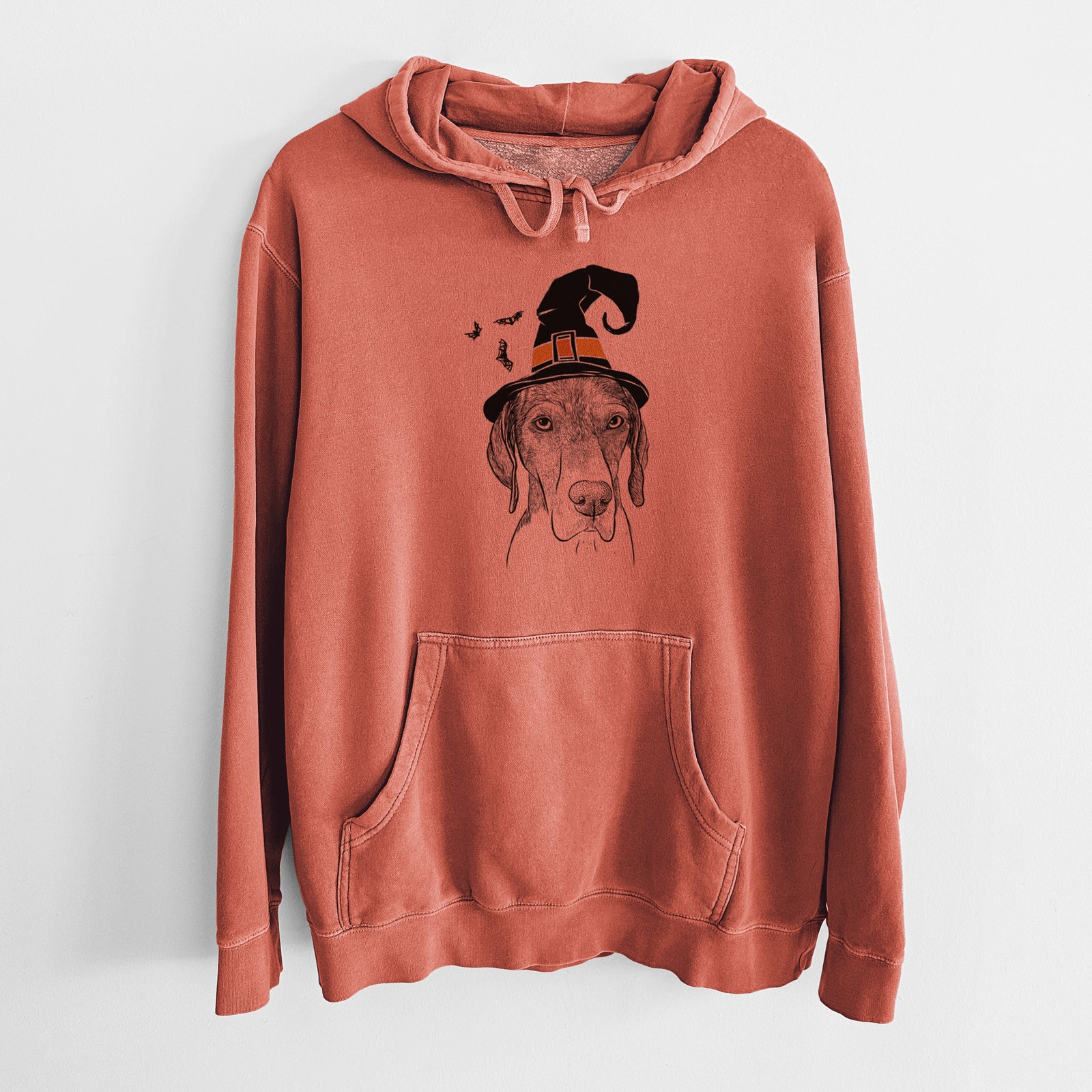 Hand-drawn sketch of Bohdi the German Shorthaired Pointer wearing a witch hat on an Amber Unisex pigment dyed hoodie