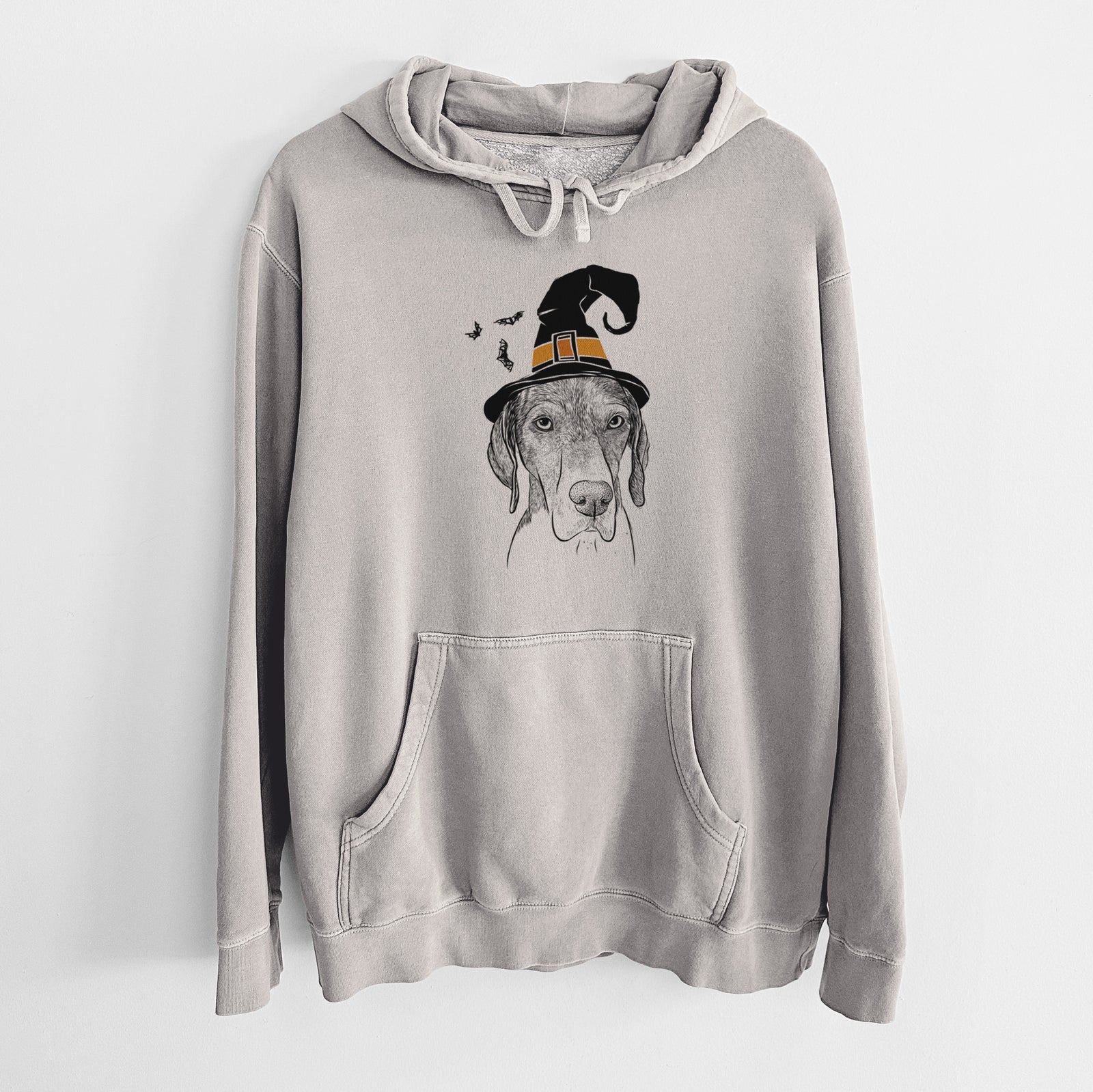 Hand-drawn sketch of Bohdi the German Shorthaired Pointer wearing a witch hat on a Cement Unisex pigment dyed hoodie