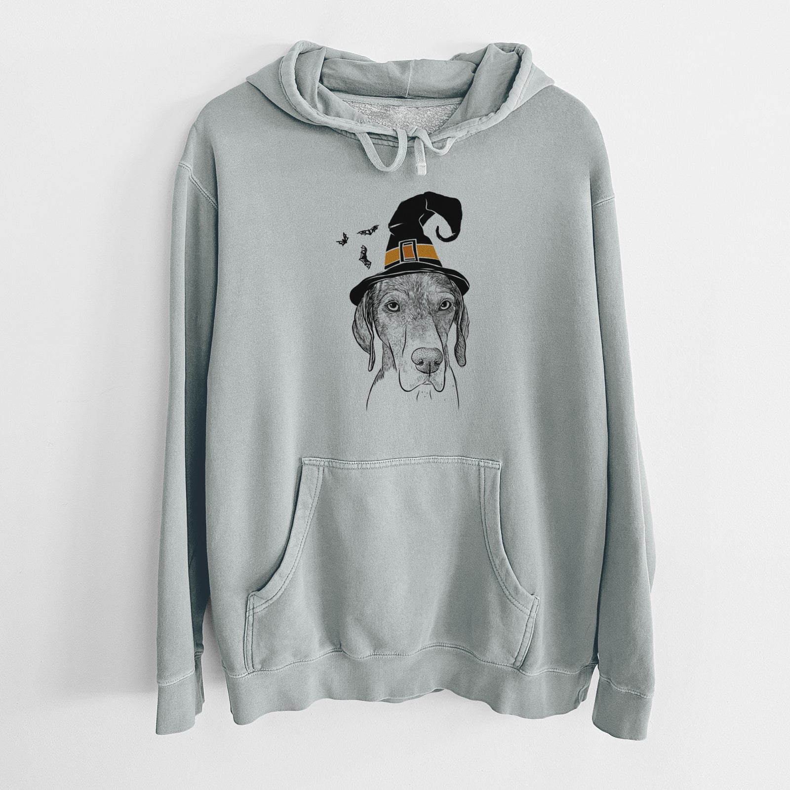 Hand-drawn sketch of Bohdi the German Shorthaired Pointer wearing a witch hat on a Sage Unisex pigment dyed hoodie