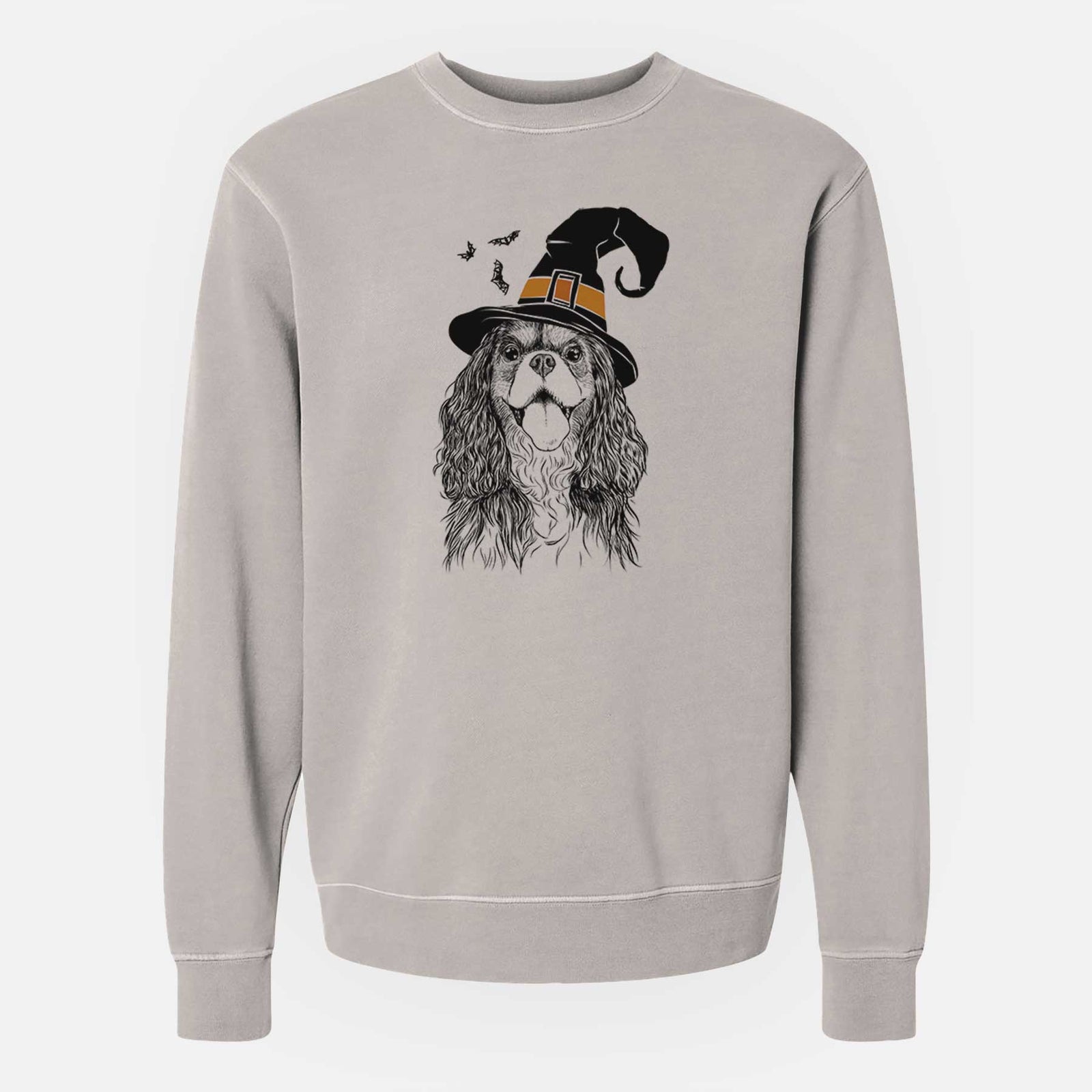 Hand-drawn sketch of Brandy the Cavalier King Charles Spaniel wearing a witch hat on a Cement Unisex pigment dyed crew sweatshirt