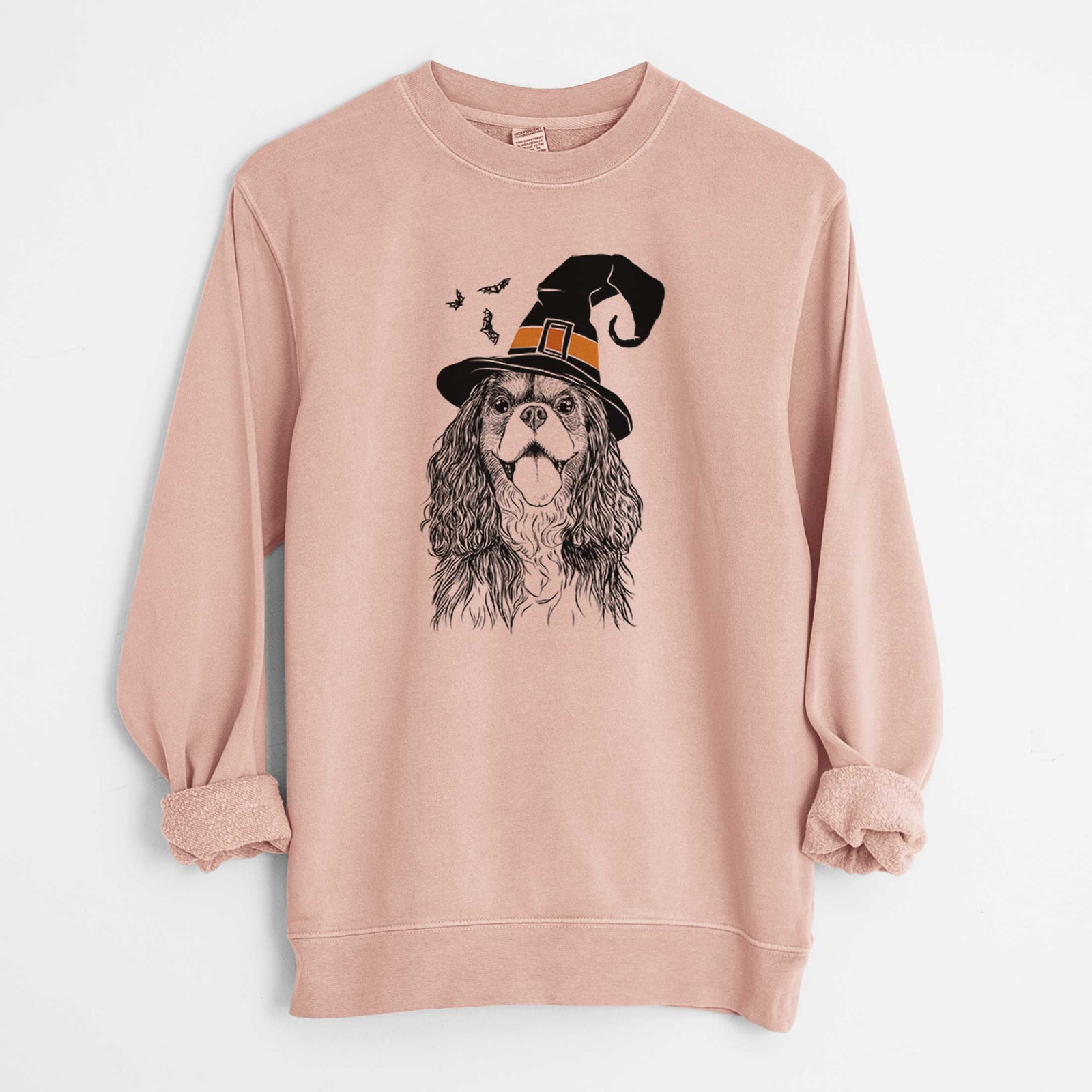 Hand-drawn sketch of Brandy the Cavalier King Charles Spaniel wearing a witch hat on a Dusty Pink Unisex pigment dyed crew sweatshirt