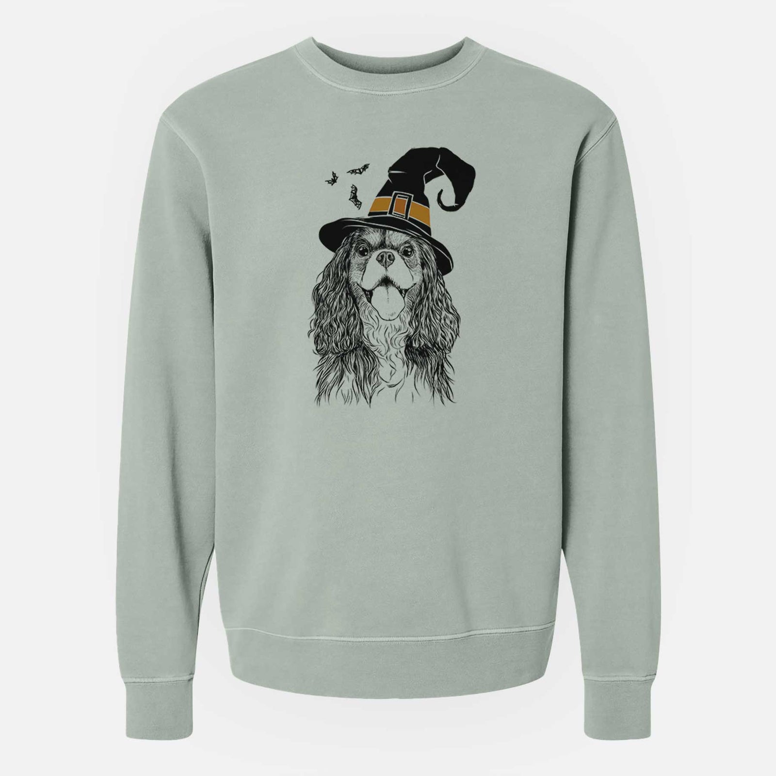 Hand-drawn sketch of Brandy the Cavalier King Charles Spaniel wearing a witch hat on a Sage Unisex pigment dyed crew sweatshirt