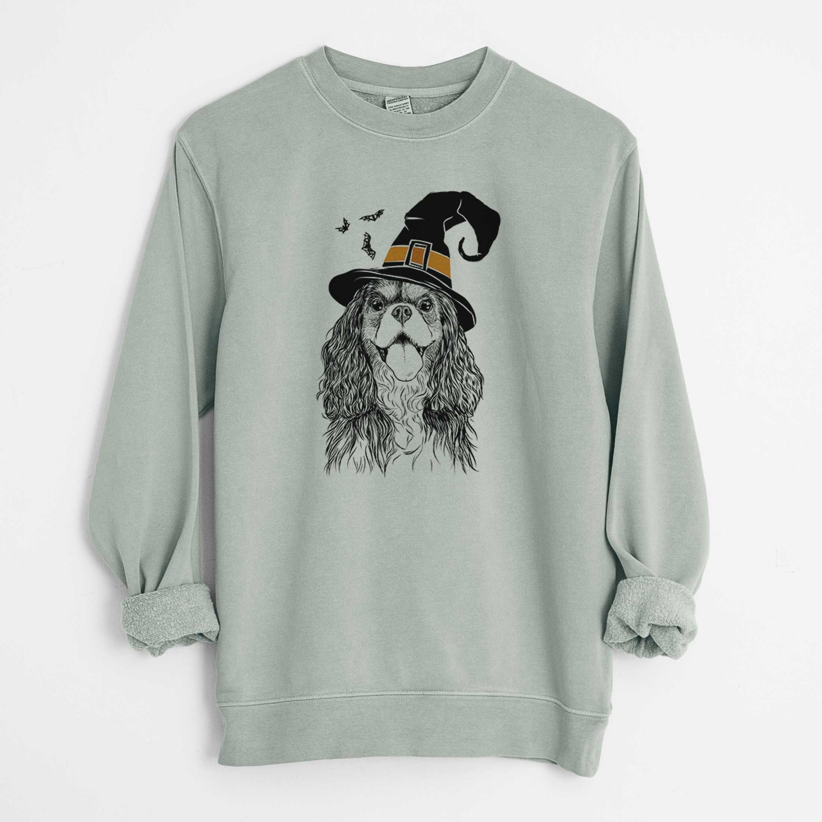 Hand-drawn sketch of Brandy the Cavalier King Charles Spaniel wearing a witch hat on a Sage Unisex pigment dyed crew sweatshirt