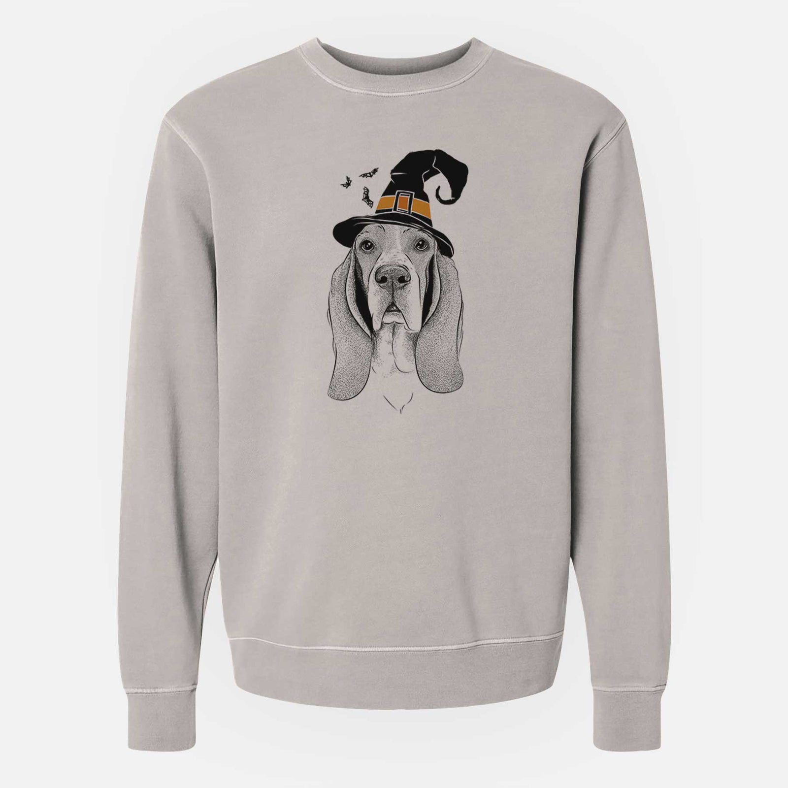Hand-drawn sketch of Buckley the Basset Hound wearing a witch hat on a Cement Unisex pigment dyed crew sweatshirt