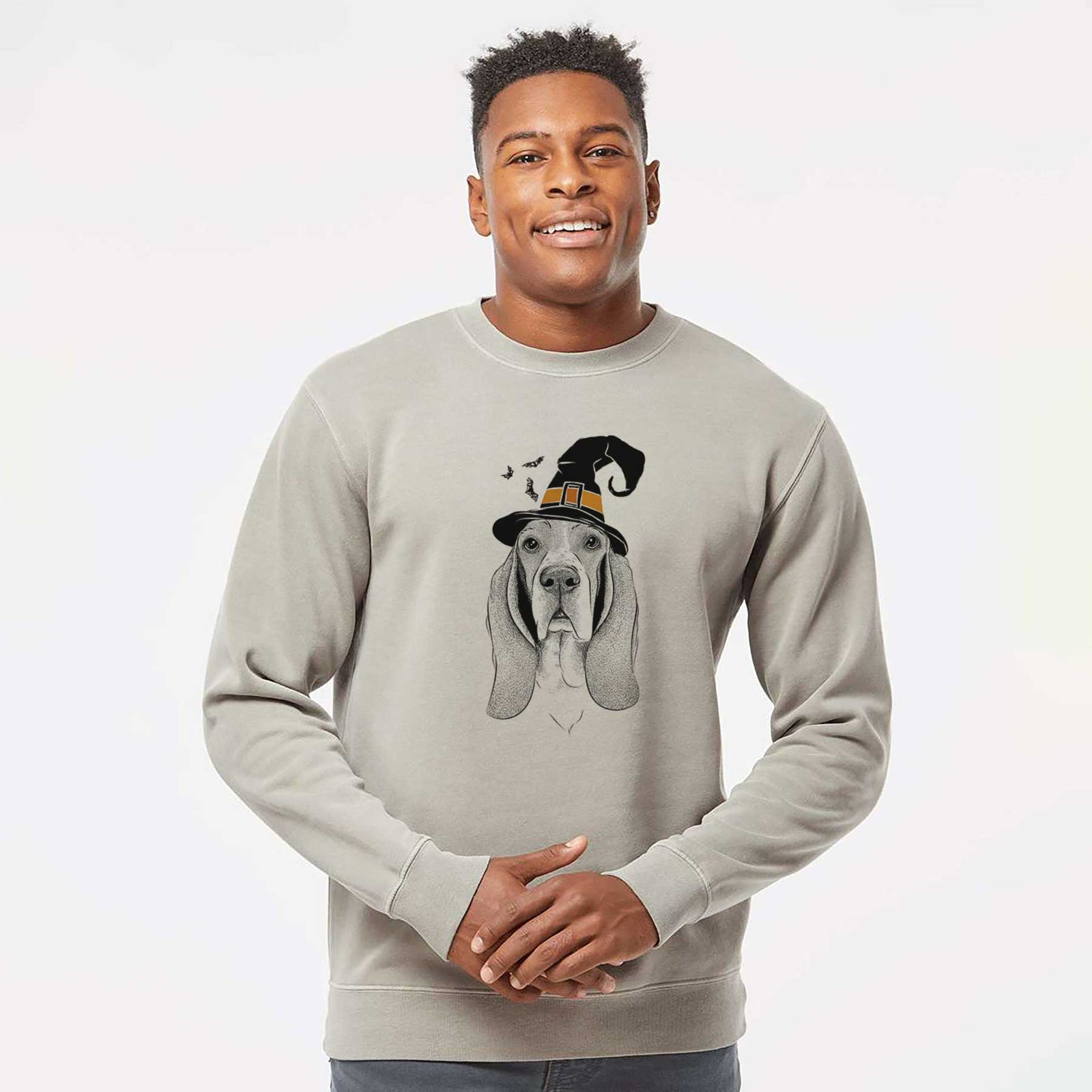 Hand-drawn sketch of Buckley the Basset Hound wearing a witch hat on a Cement Unisex pigment dyed crew sweatshirt