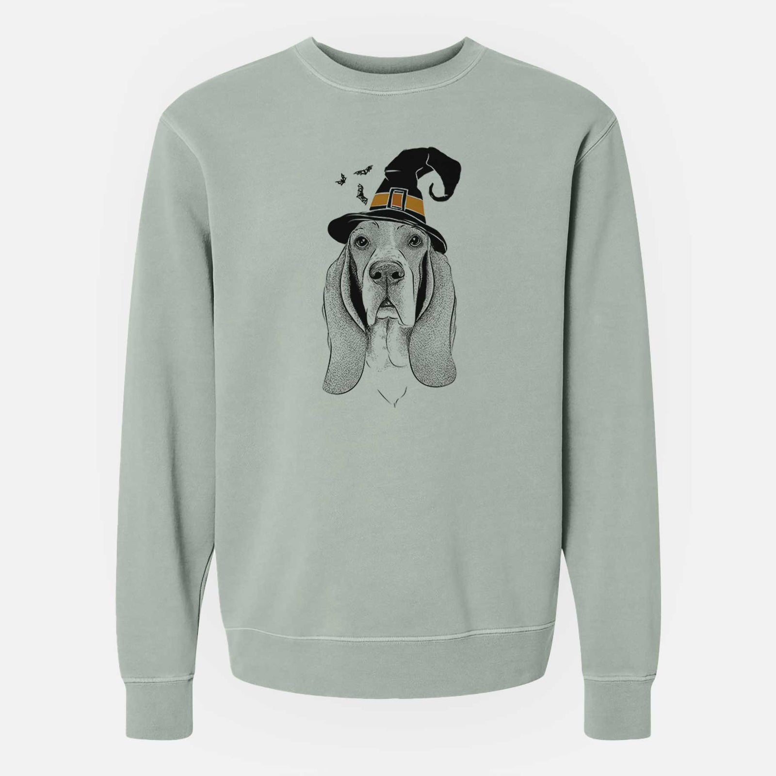 Hand-drawn sketch of Buckley the Basset Hound wearing a witch hat on a Sage Unisex pigment dyed crew sweatshirt