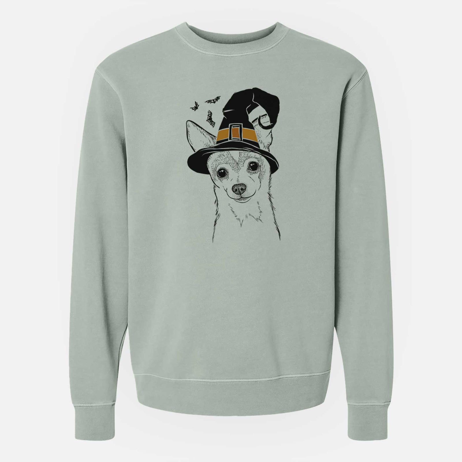 Hand-drawn sketch of Buggy the Chihuahua wearing a witch hat on a Sage Unisex pigment dyed crew sweatshirt