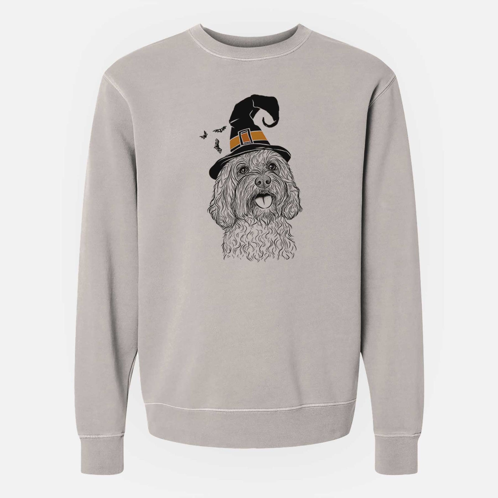 Hand-drawn sketch of Cali the Cavapoo wearing a witch hat on a Cement Unisex pigment dyed crew sweatshirt