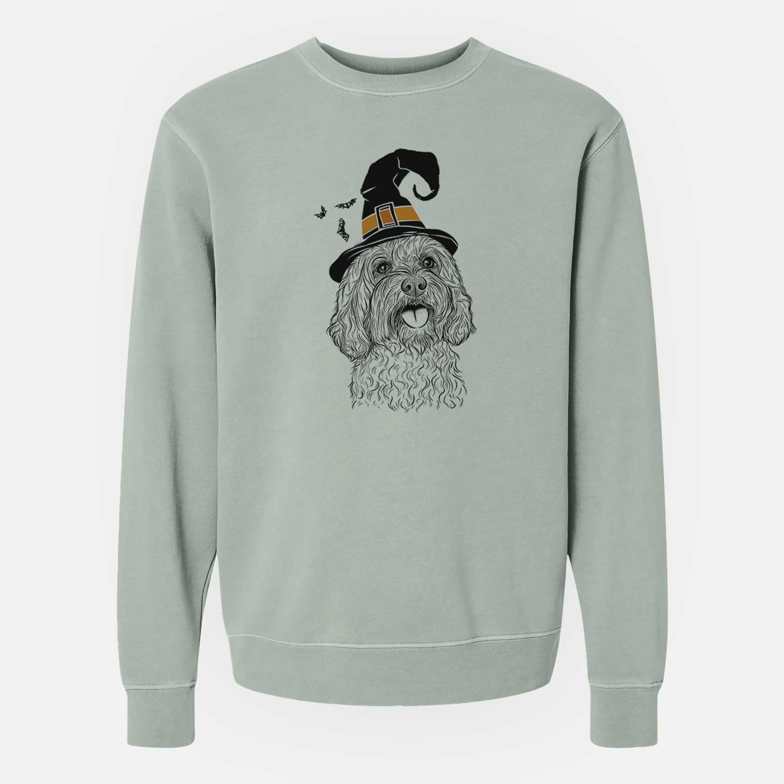 Hand-drawn sketch of Cali the Cavapoo wearing a witch hat on a Sage Unisex pigment dyed crew sweatshirt
