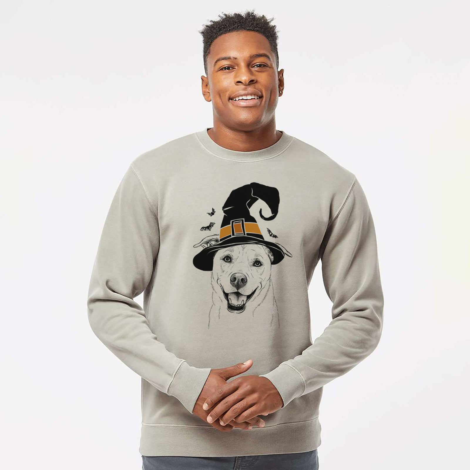 Hand-drawn sketch of Carl the Mixed Breed wearing a witch hat on a Cement Unisex pigment dyed crew sweatshirt