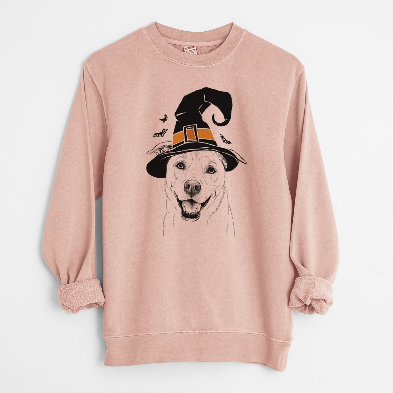 Hand-drawn sketch of Carl the Mixed Breed wearing a witch hat on a Dusty Pink Unisex pigment dyed crew sweatshirt
