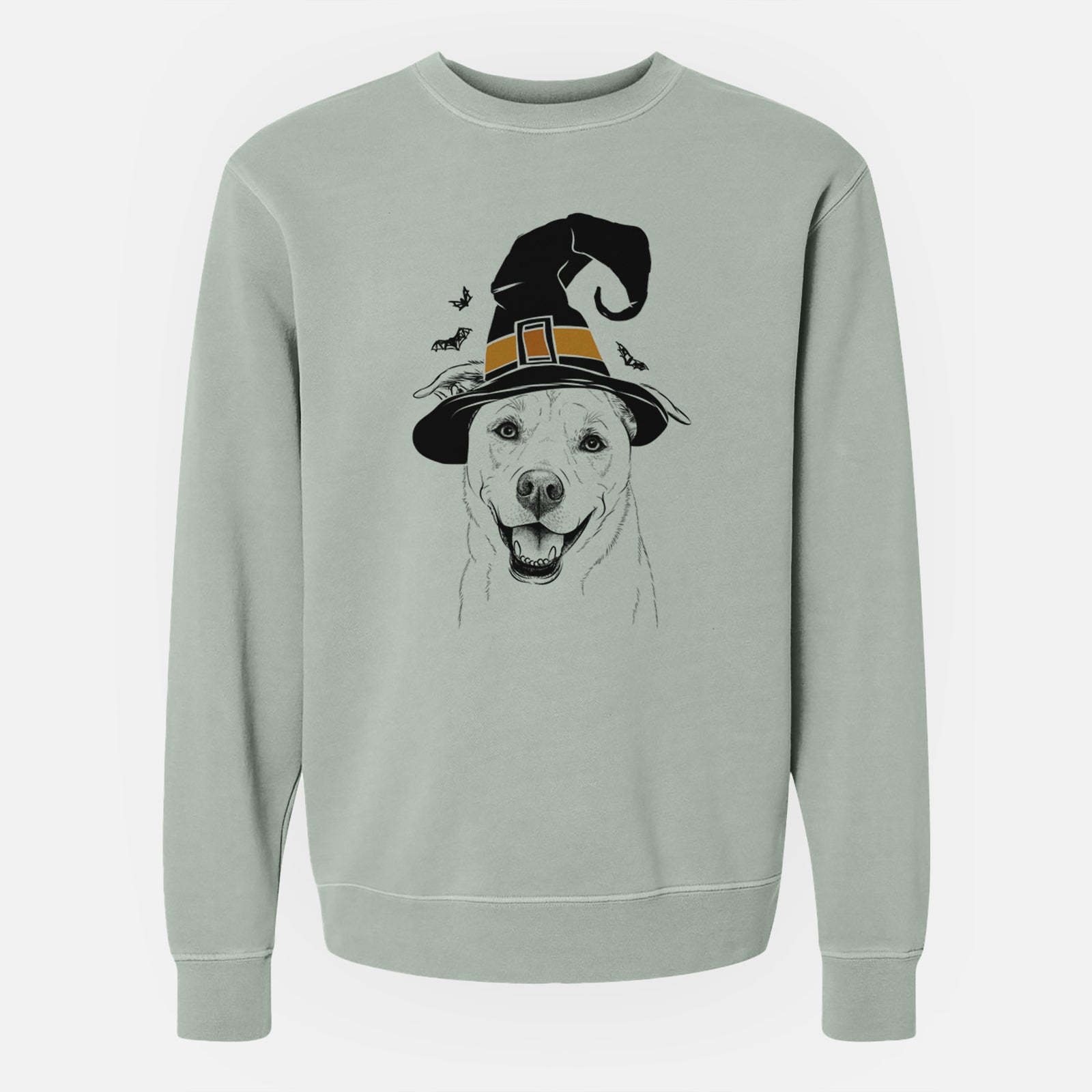 Hand-drawn sketch of Carl the Mixed Breed wearing a witch hat on a Sage Unisex pigment dyed crew sweatshirt