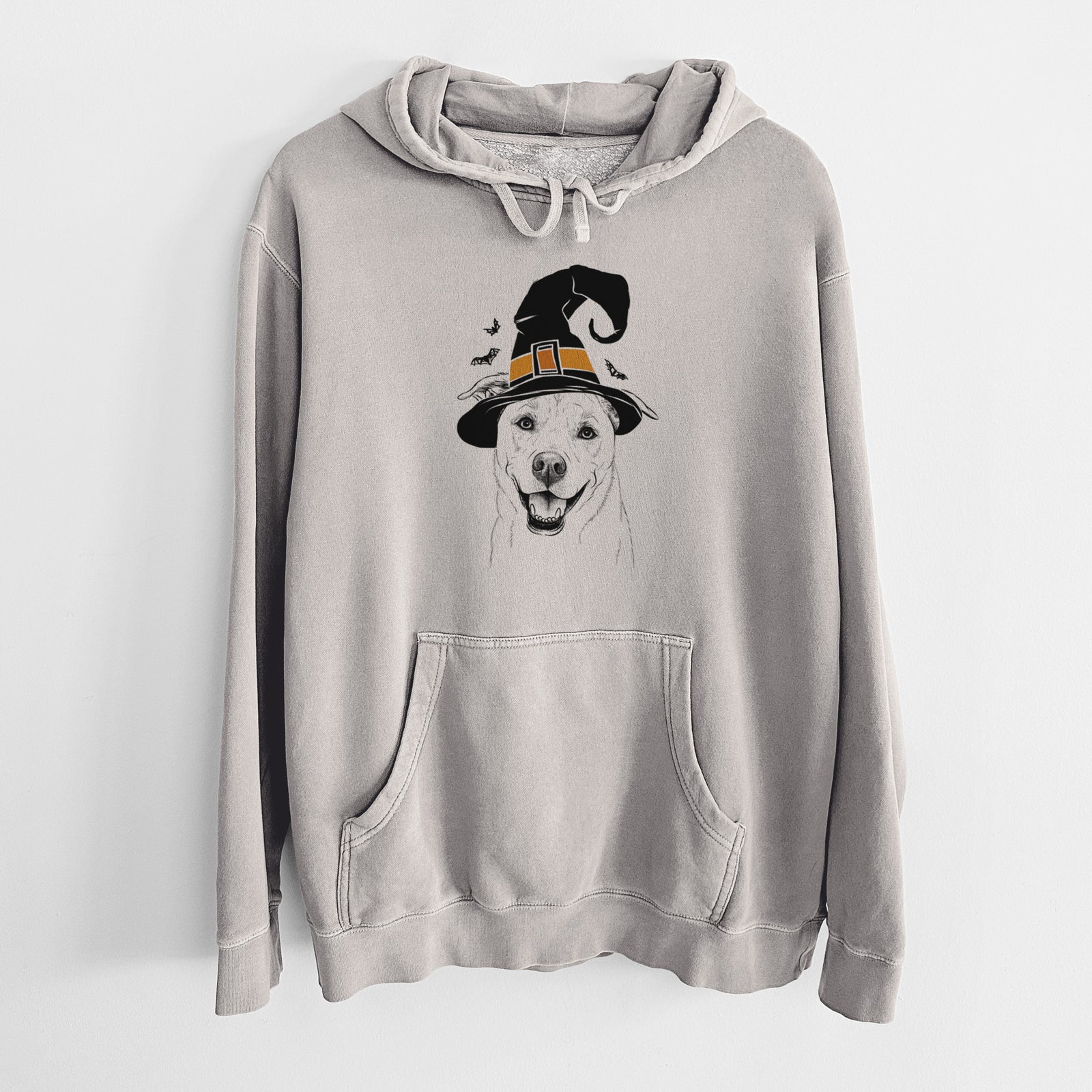 Hand-drawn sketch of Carl the Mixed Breed wearing a witch hat on a Cement Unisex pigment dyed hoodie