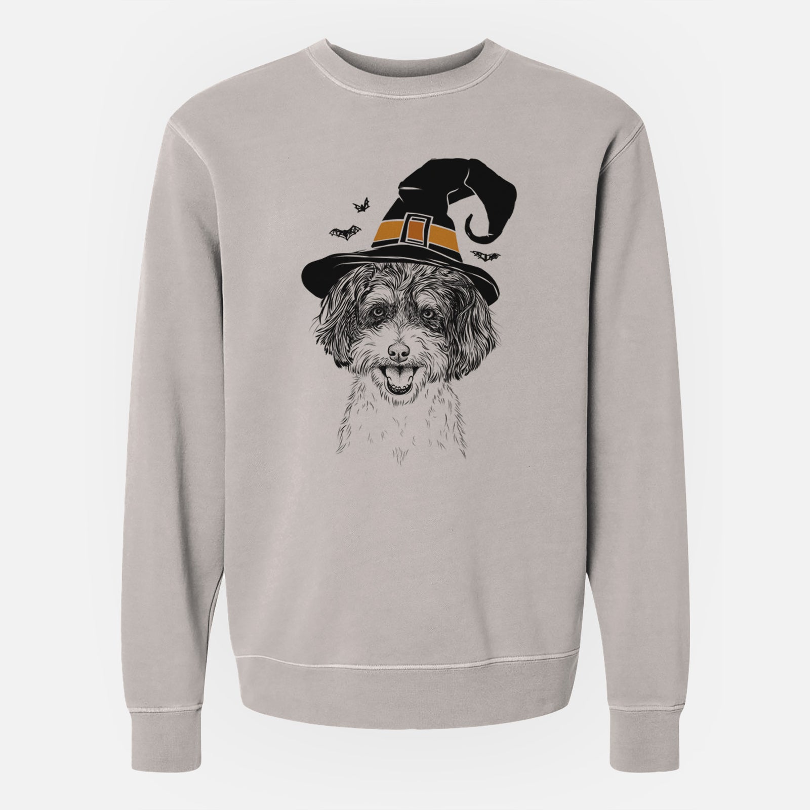 Hand-drawn sketch of Carlos the Cavapoo wearing a witch hat on a Cement Unisex pigment dyed crew sweatshirt