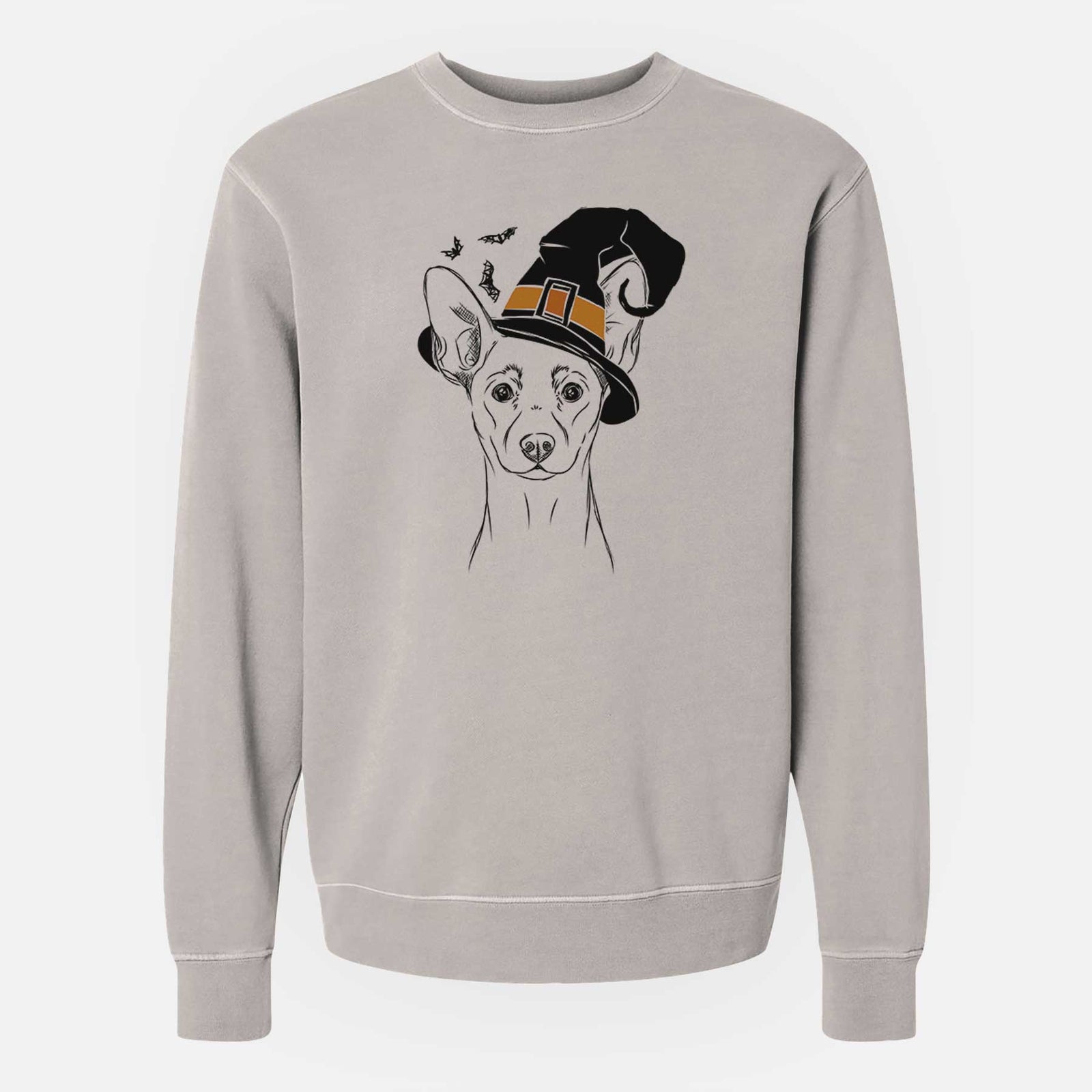 Hand-drawn sketch of Chillie the Mini Pinscher wearing a witch hat on a Cement Unisex pigment dyed crew sweatshirt
