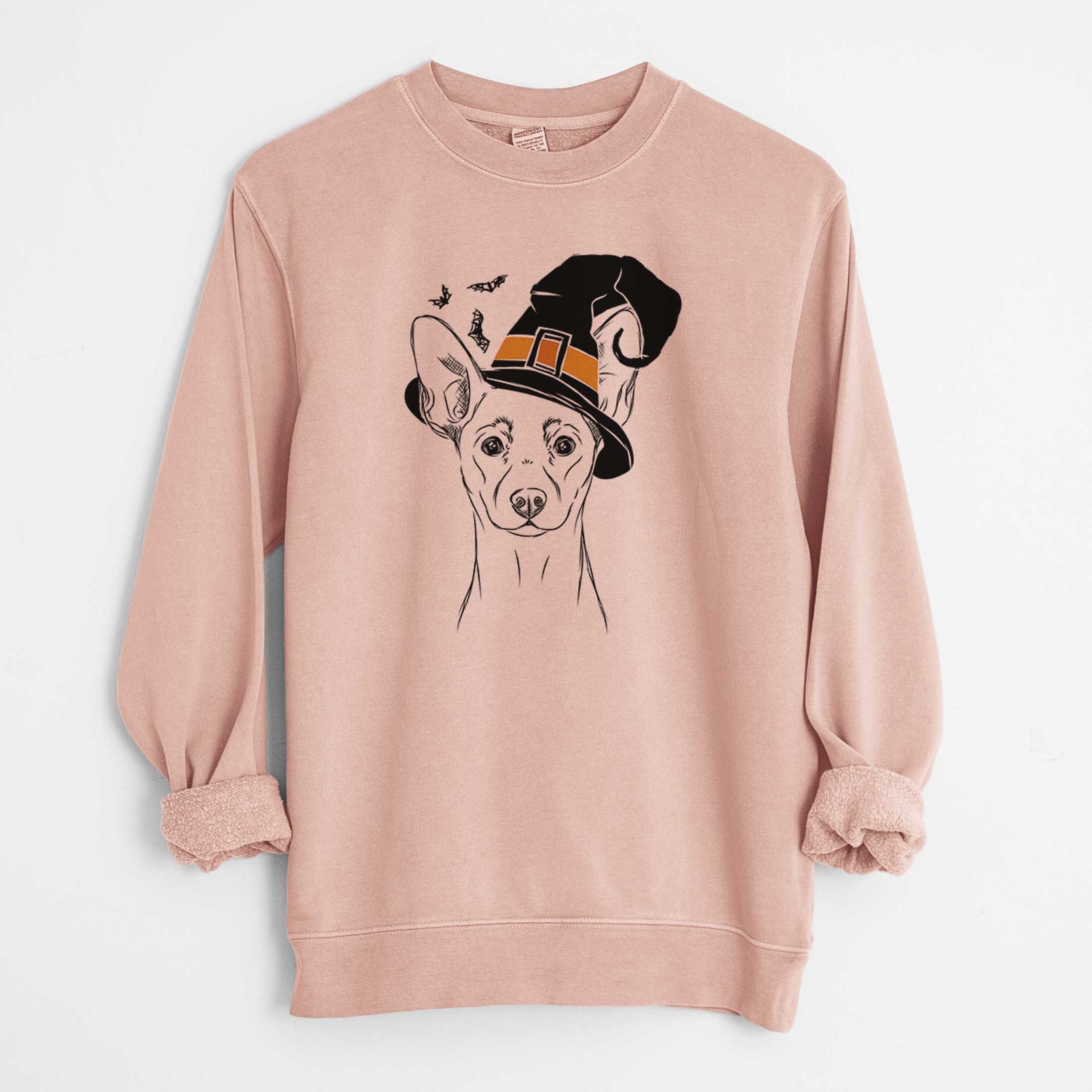 Hand-drawn sketch of Chillie the Mini Pinscher wearing a witch hat on a Dusty Pink Unisex pigment dyed crew sweatshirt