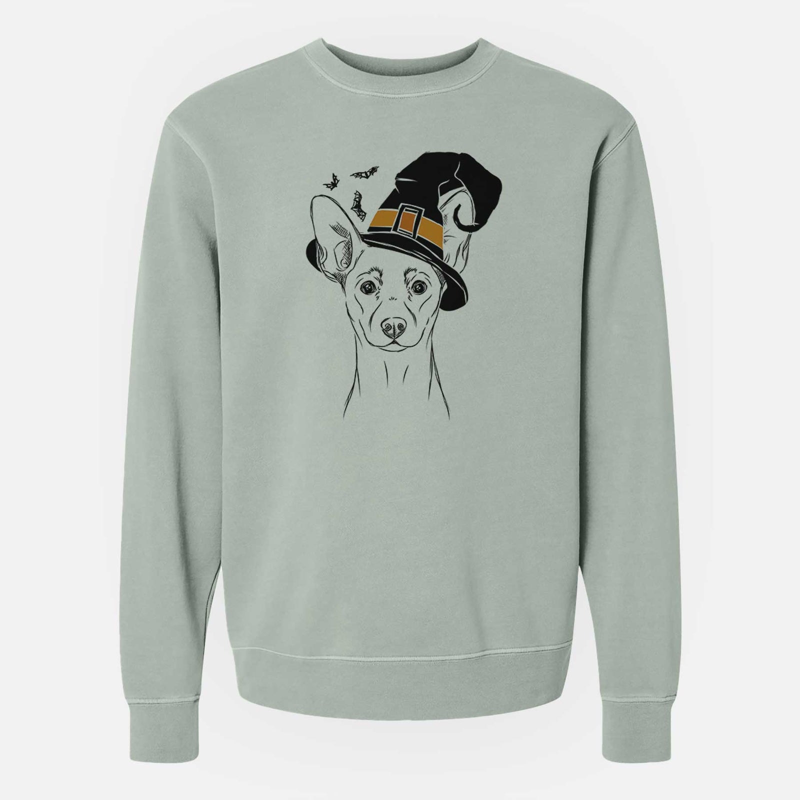 Hand-drawn sketch of Chillie the Mini Pinscher wearing a witch hat on a Sage Unisex pigment dyed crew sweatshirt