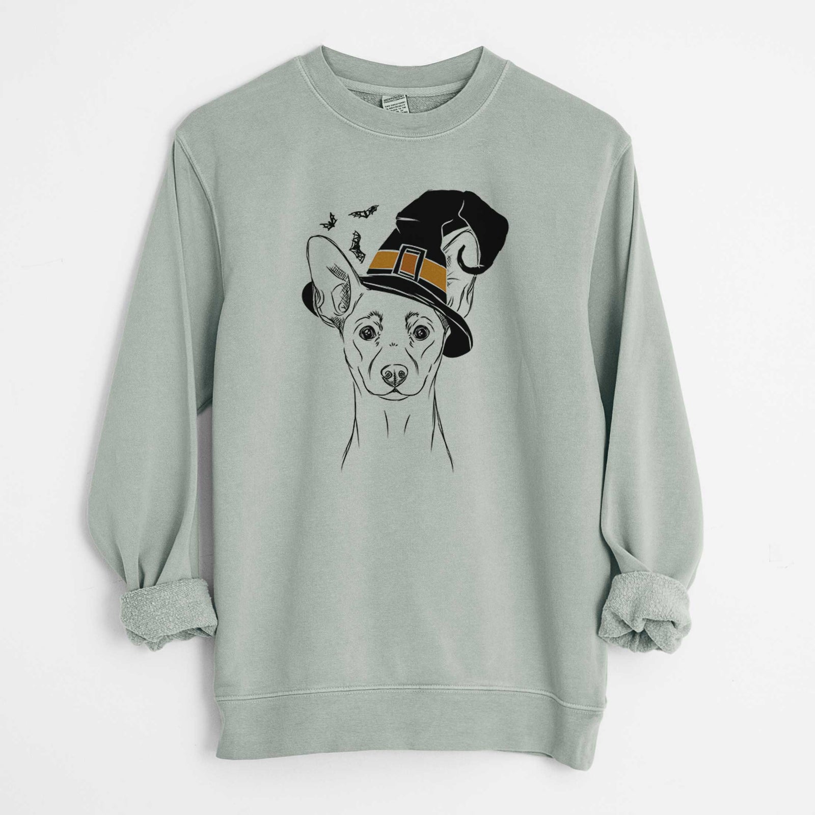 Hand-drawn sketch of Chillie the Mini Pinscher wearing a witch hat on a Sage Unisex pigment dyed crew sweatshirt