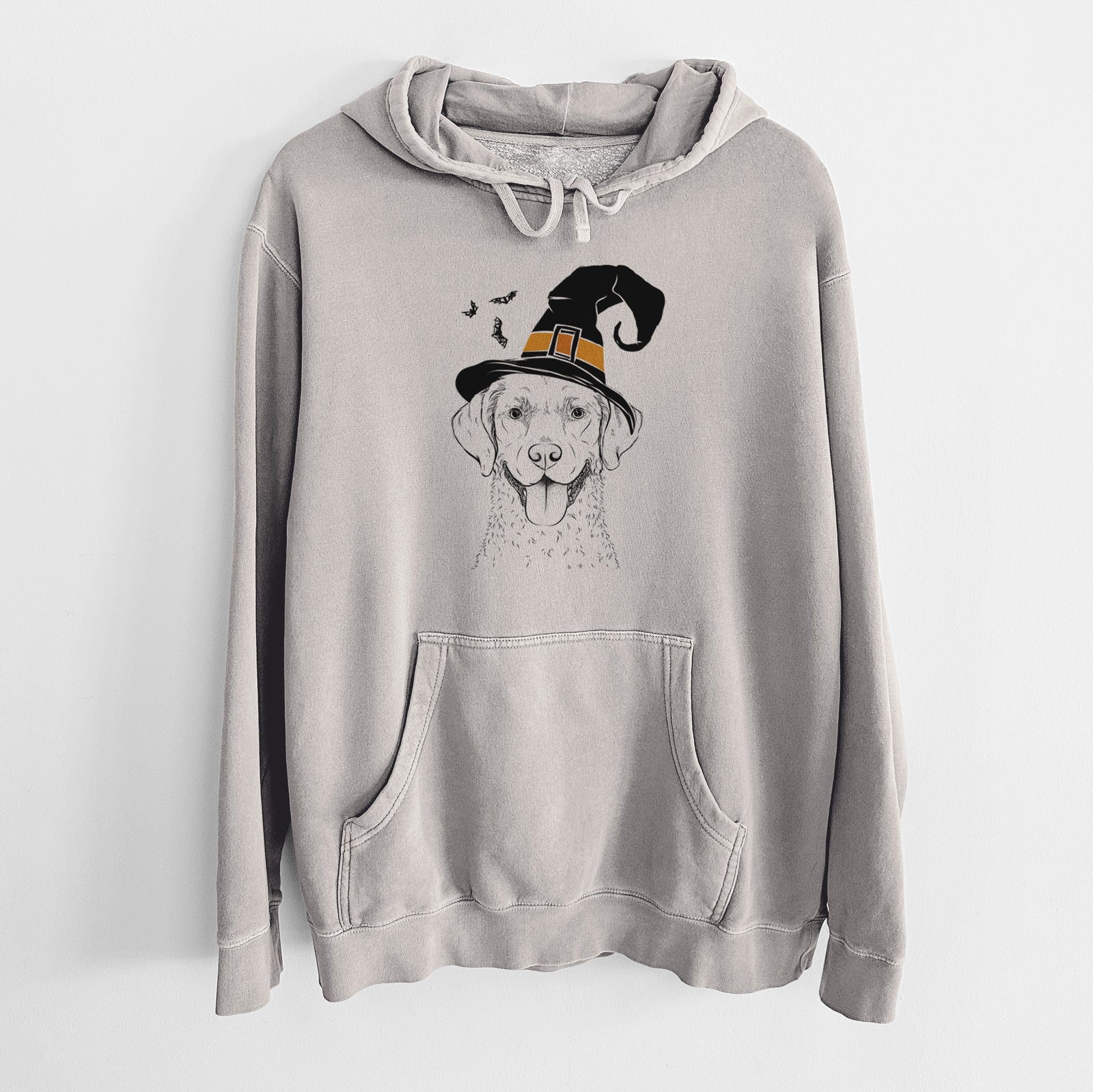 Hand-drawn sketch of Chip the Chesapeake Bay Retriever wearing a witch hat on a Cement Unisex pigment dyed hoodie