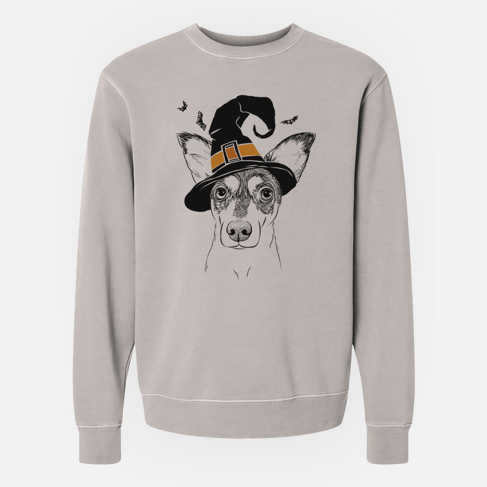Hand-drawn sketch of Chloe the Doxie Mix wearing a witch hat on a Cement Unisex pigment dyed crew sweatshirt