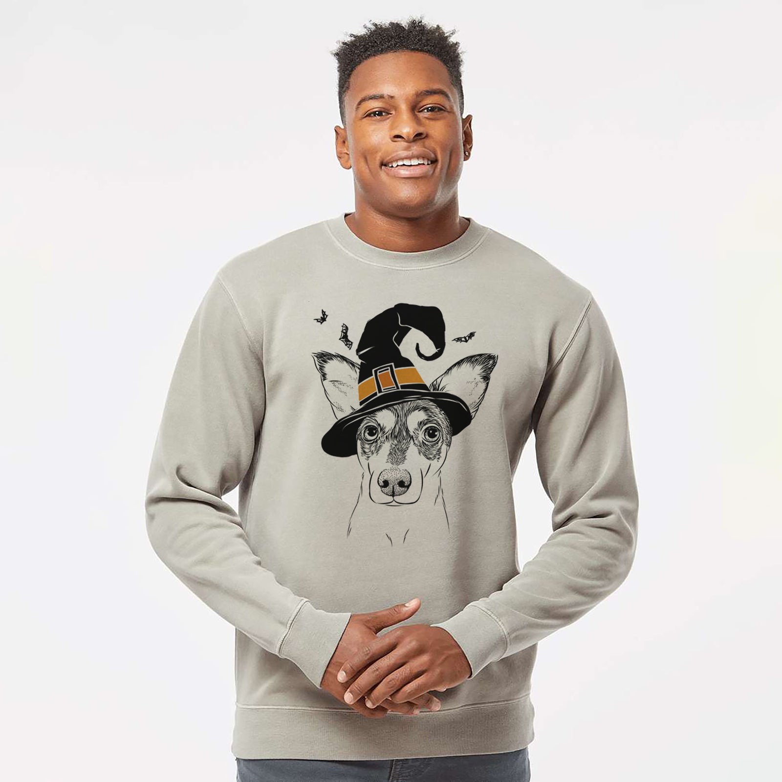 Hand-drawn sketch of Chloe the Doxie Mix wearing a witch hat on a Cement Unisex pigment dyed crew sweatshirt
