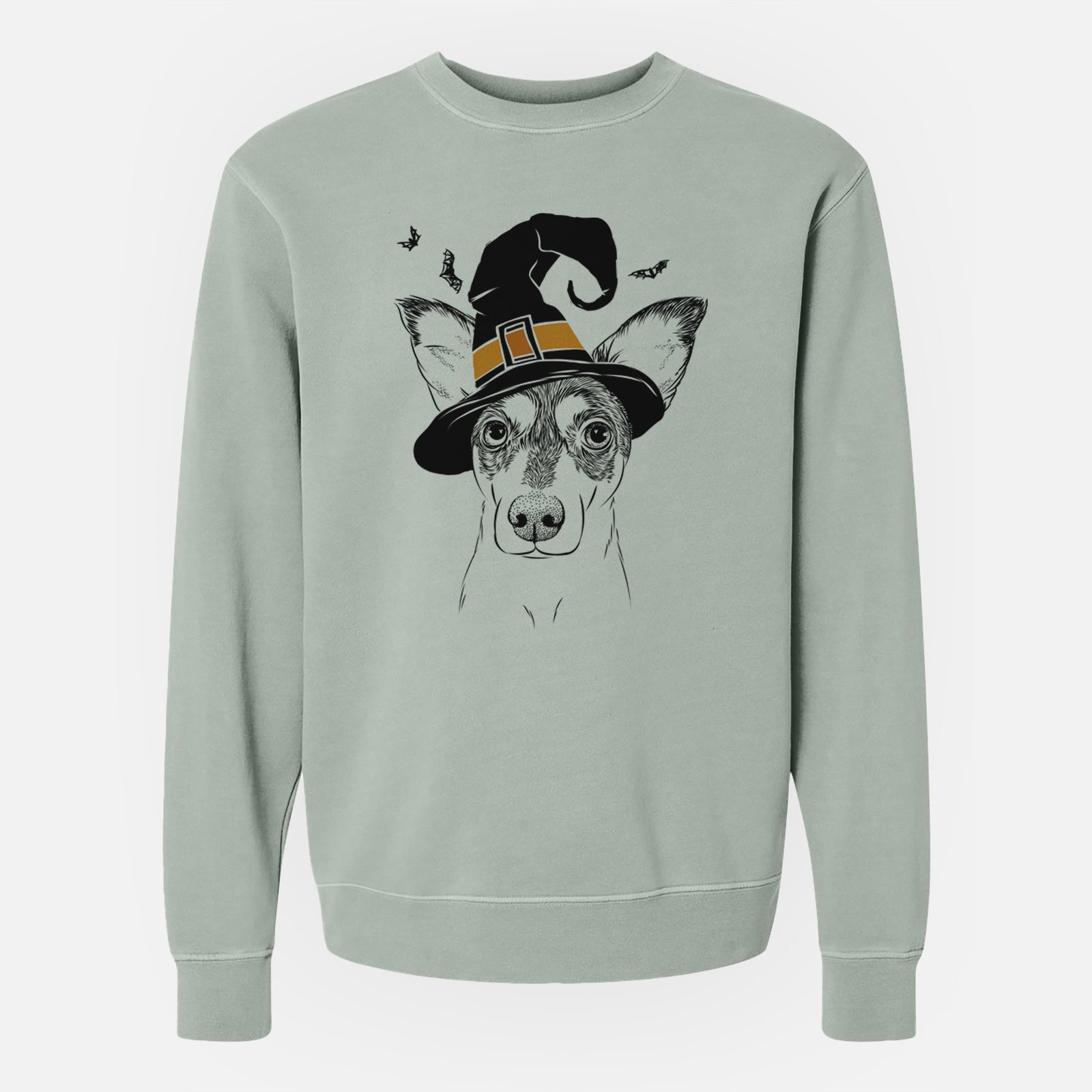 Hand-drawn sketch of Chloe the Doxie Mix wearing a witch hat on a Sage Unisex pigment dyed crew sweatshirt