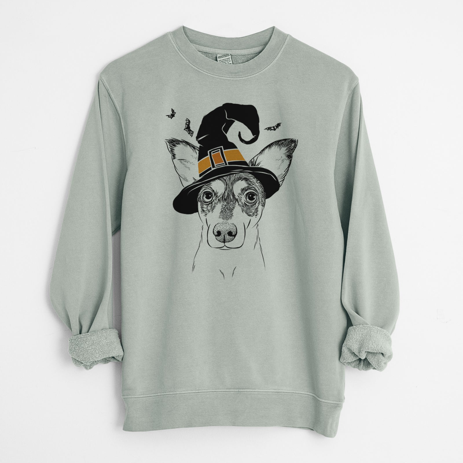 Hand-drawn sketch of Chloe the Doxie Mix wearing a witch hat on a Sage Unisex pigment dyed crew sweatshirt