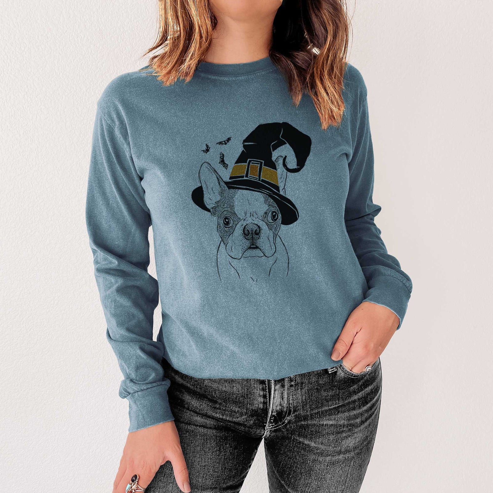 Witch Chocolate Chip the Boston Terrier - Men's Heavyweight 100% Cotton Long Sleeve