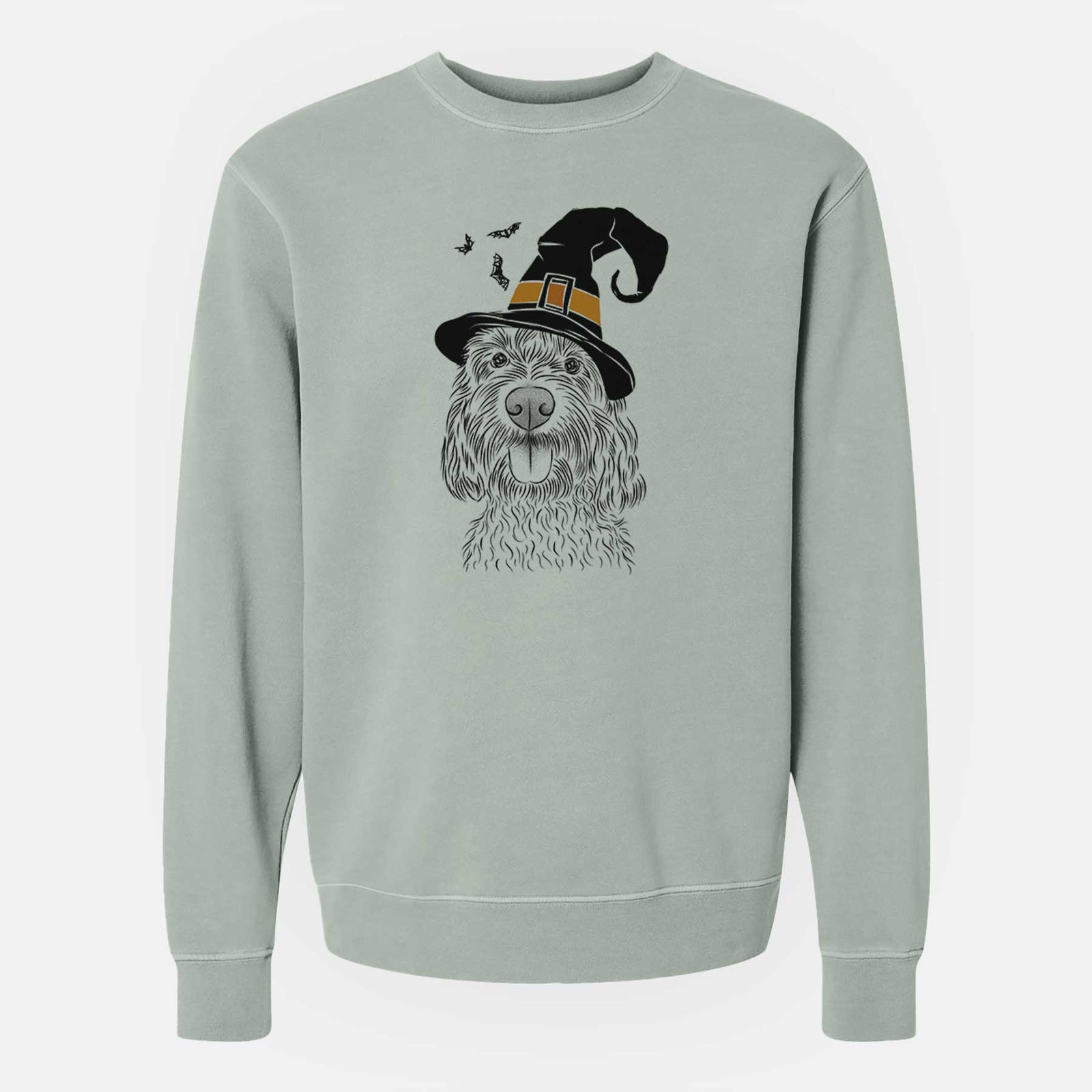 Hand-drawn sketch of Clover the Cockapoo wearing a witch hat on a Sage Unisex pigment dyed crew sweatshirt