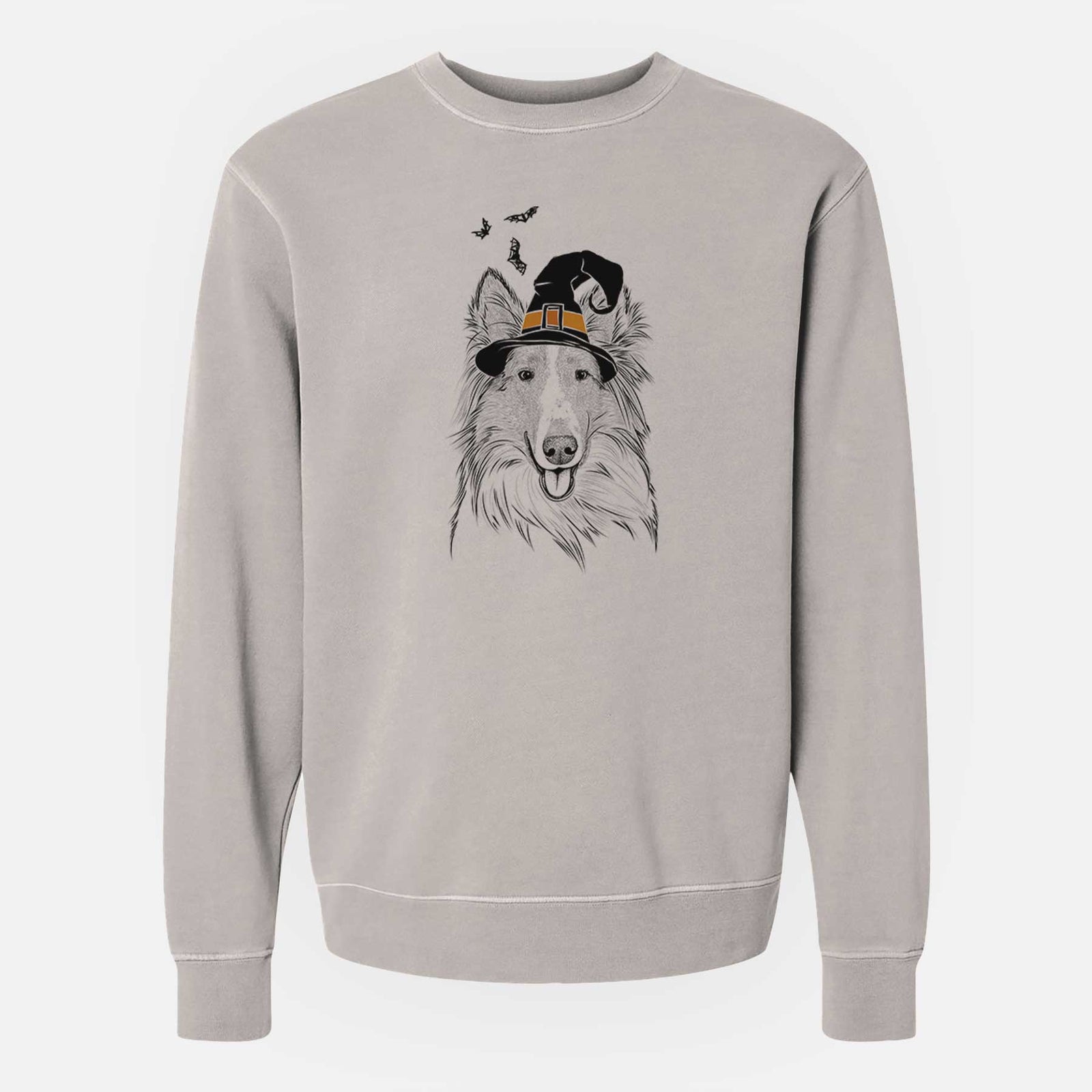 Hand-drawn sketch of Conrad the Rough Collie wearing a witch hat on a Cement Unisex pigment dyed crew sweatshirt