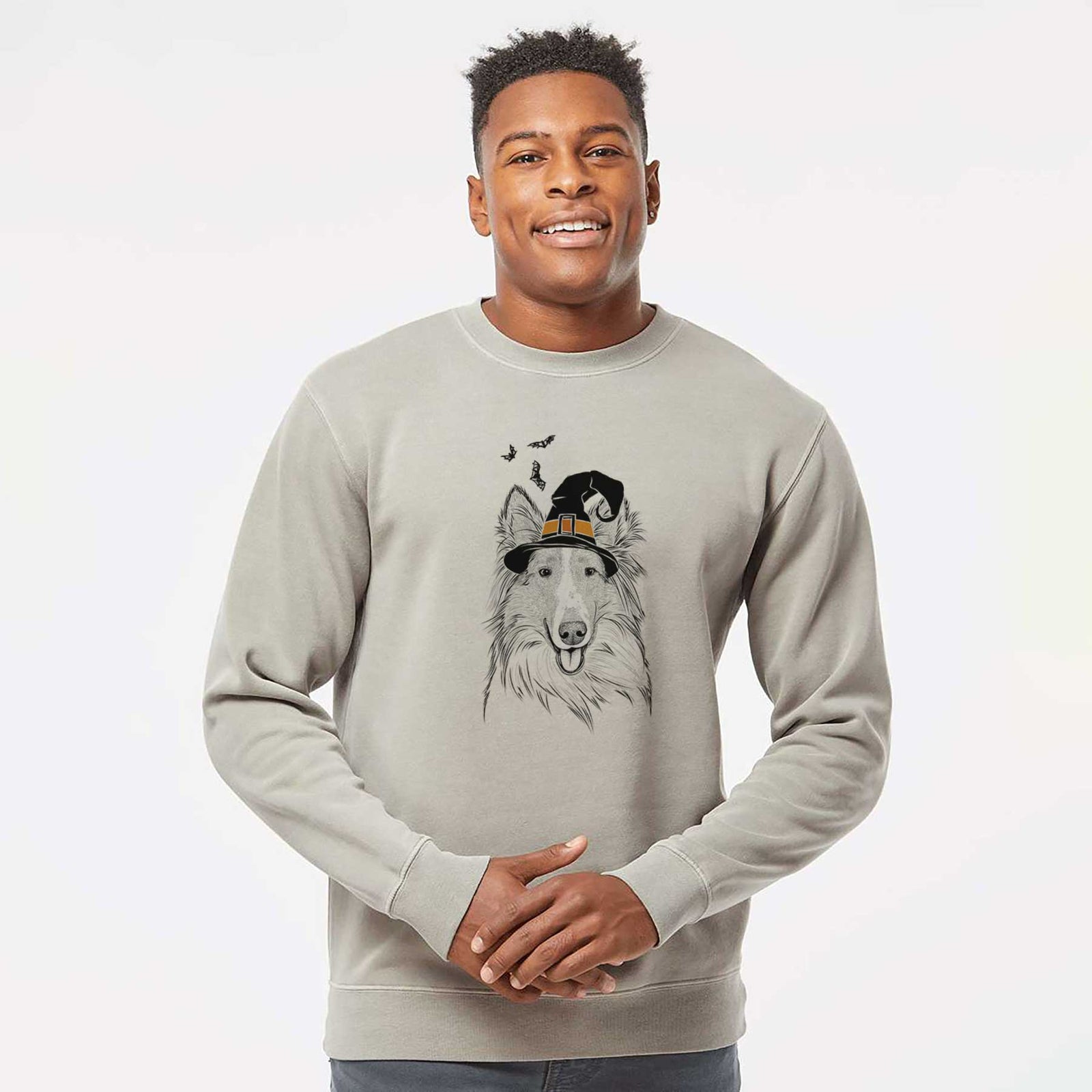 Hand-drawn sketch of Conrad the Rough Collie wearing a witch hat on a Cement Unisex pigment dyed crew sweatshirt