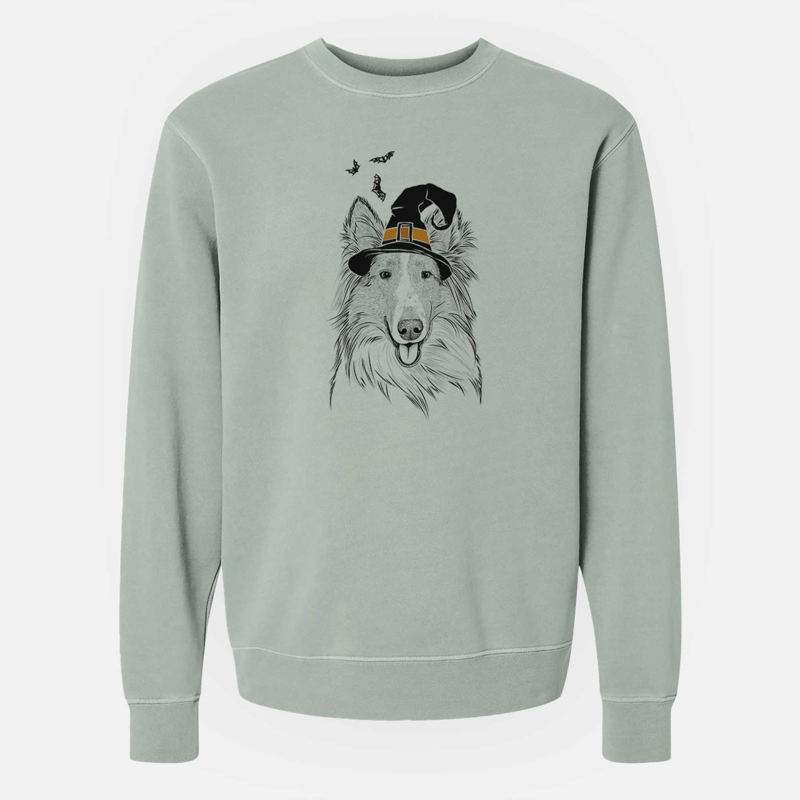 Hand-drawn sketch of Conrad the Rough Collie wearing a witch hat on a Sage Unisex pigment dyed crew sweatshirt