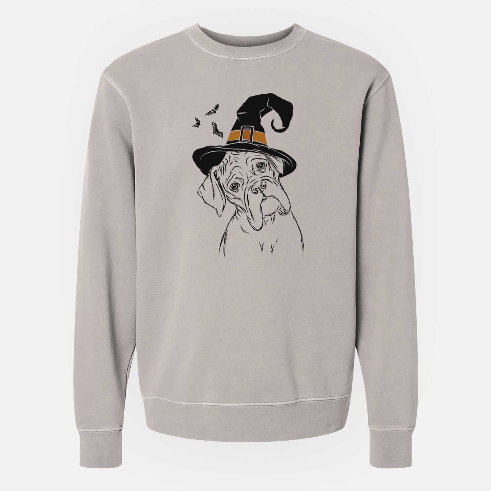 Hand-drawn sketch of Cooper the Boxer wearing a witch hat on a Cement Unisex pigment dyed crew sweatshirt
