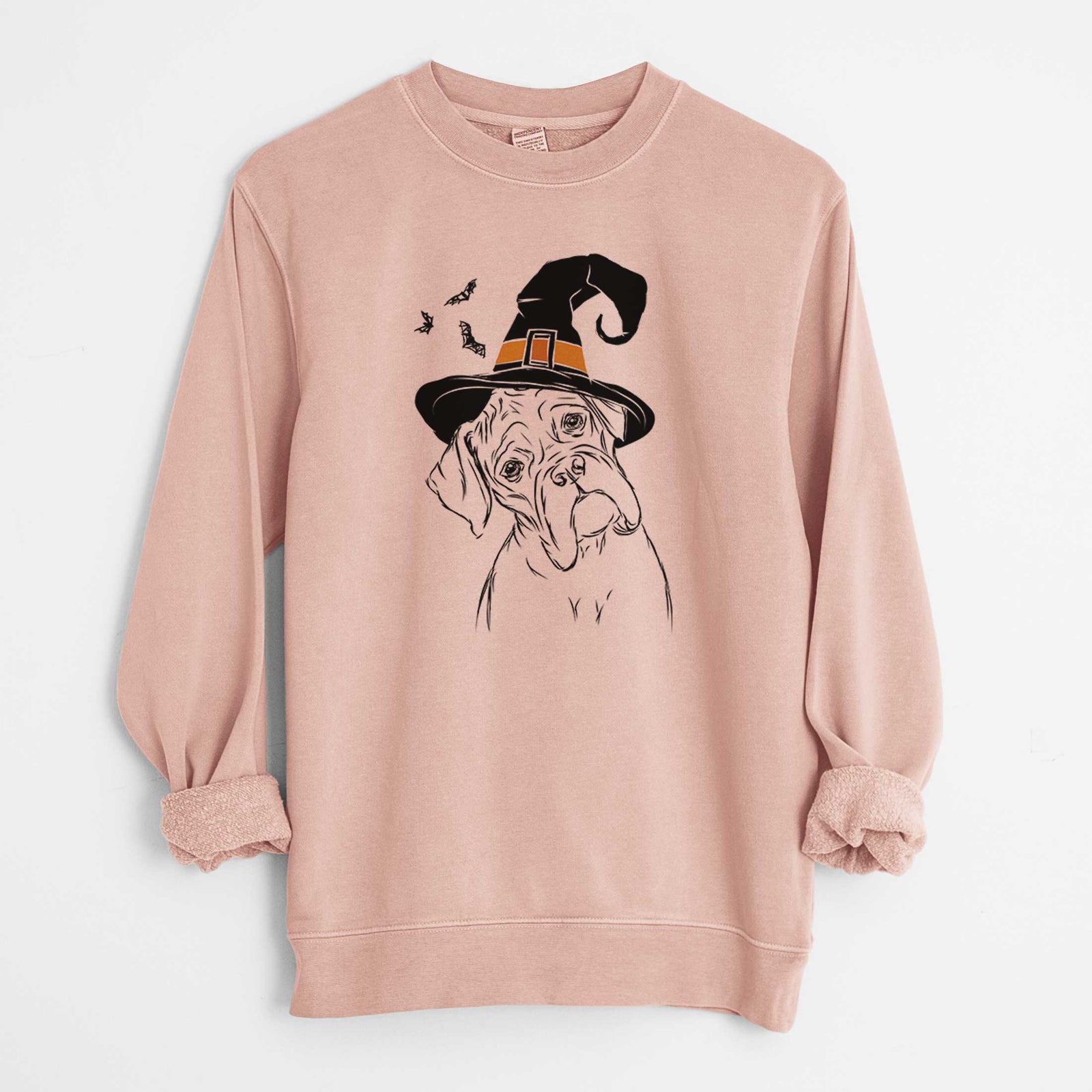 Hand-drawn sketch of Cooper the Boxer wearing a witch hat on a Dusty Pink Unisex pigment dyed crew sweatshirt